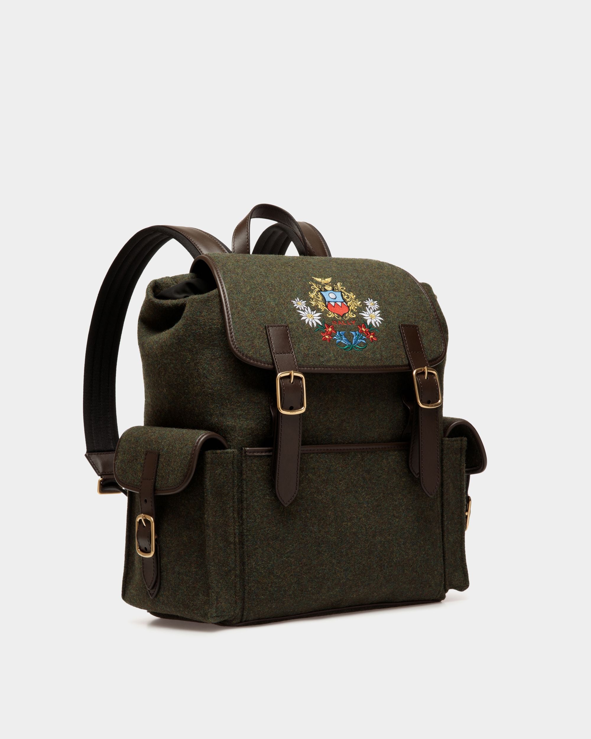 Zaino Winter Capsule In Lana Verde Scuro E Pelle Color Ebano Con Ricamo Alpine Flowers - Uomo - Bally - 03