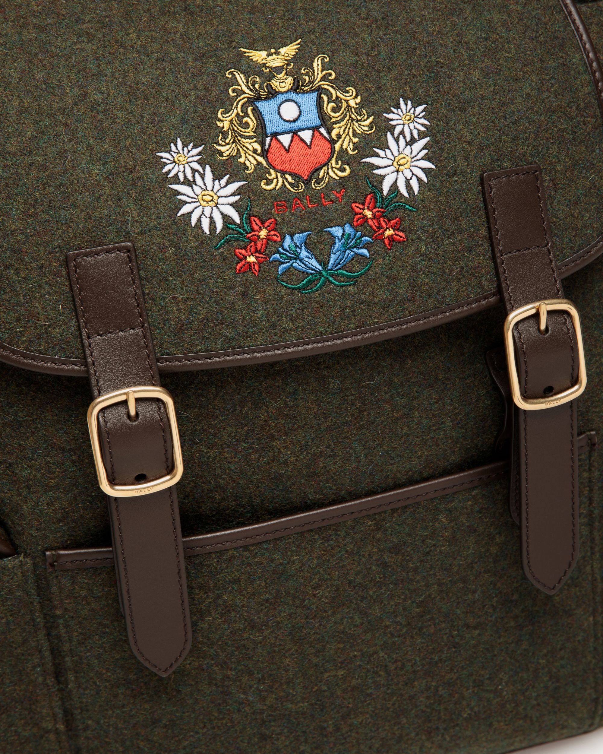 Zaino Winter Capsule In Lana Verde Scuro E Pelle Color Ebano Con Ricamo Alpine Flowers - Uomo - Bally - 05