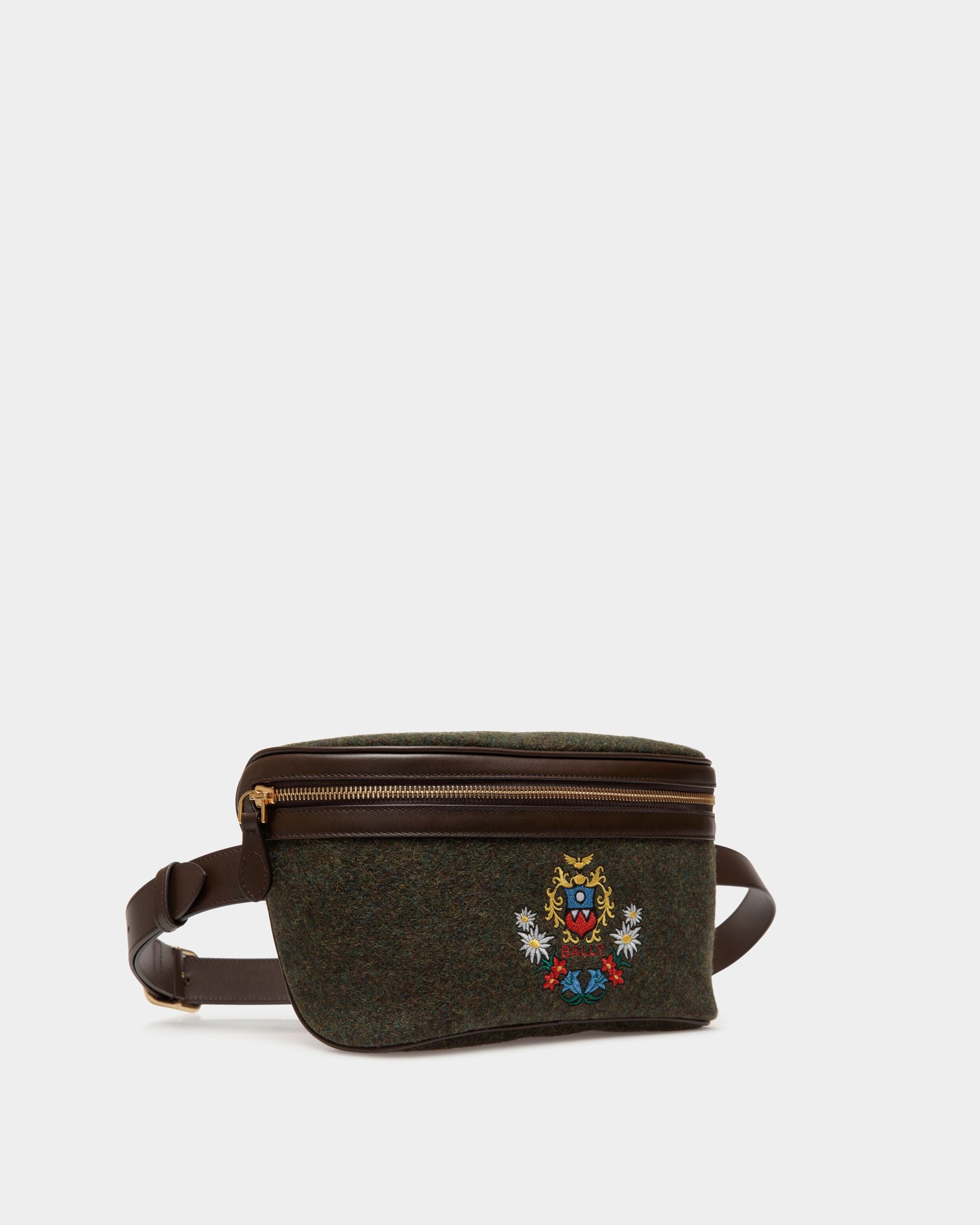 Marsupio Winter Capsule In Lana Verde Scuro E Pelle Color Ebano Con Ricamo Alpine Flowers - Uomo - Bally - 02