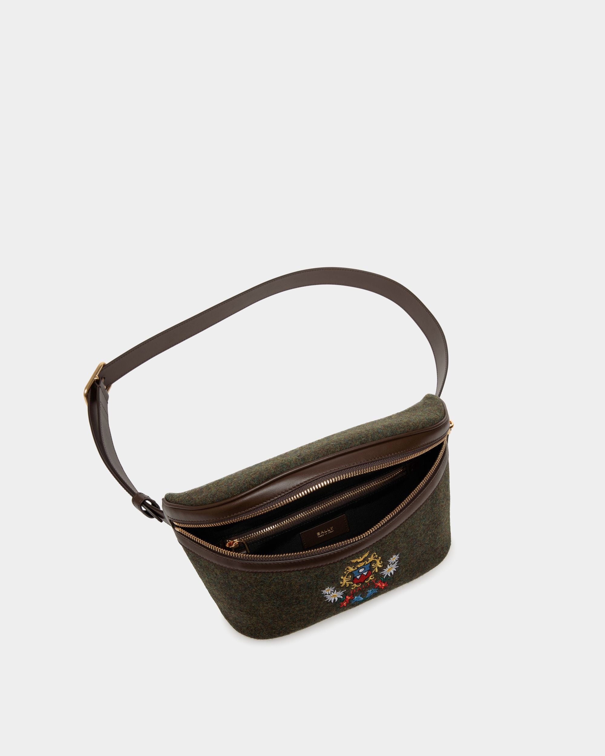 Marsupio Winter Capsule In Lana Verde Scuro E Pelle Color Ebano Con Ricamo Alpine Flowers - Uomo - Bally - 03