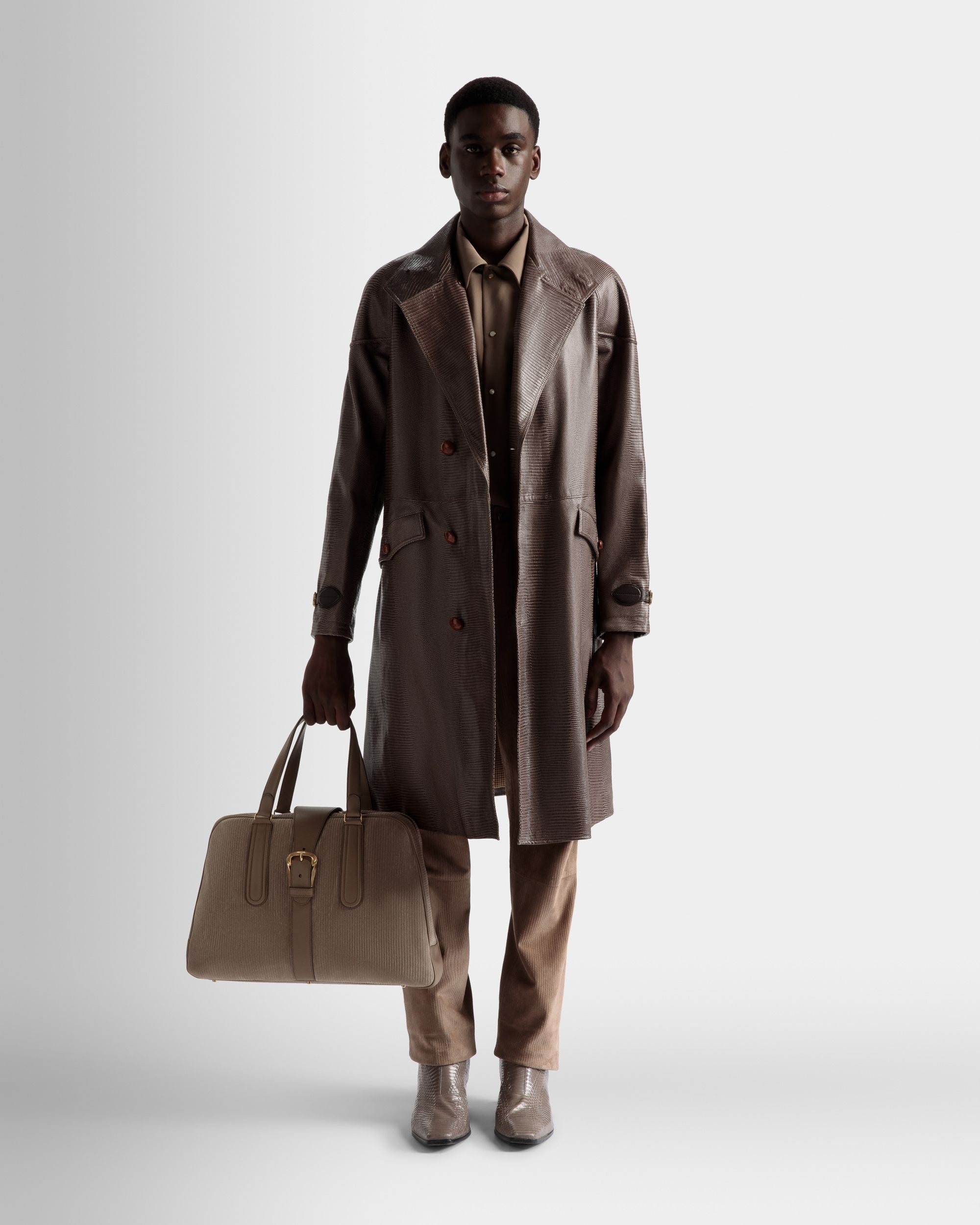 Bowling Bag In Sepia Corduroy Printed Leather - Men's - Bally - 02