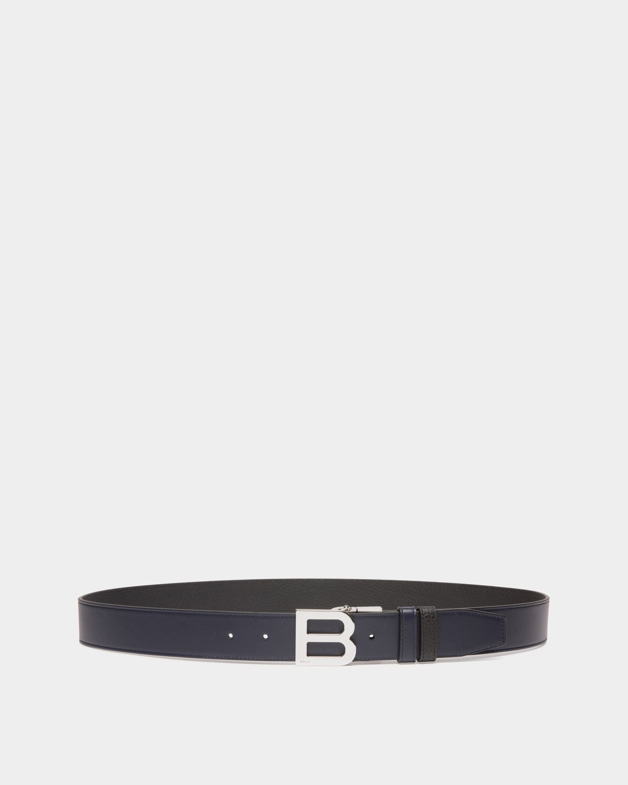 B Logo 35mm Reversible And Adjustable Belt in Navy Blue And Black Leather - Men's - Bally - 01
