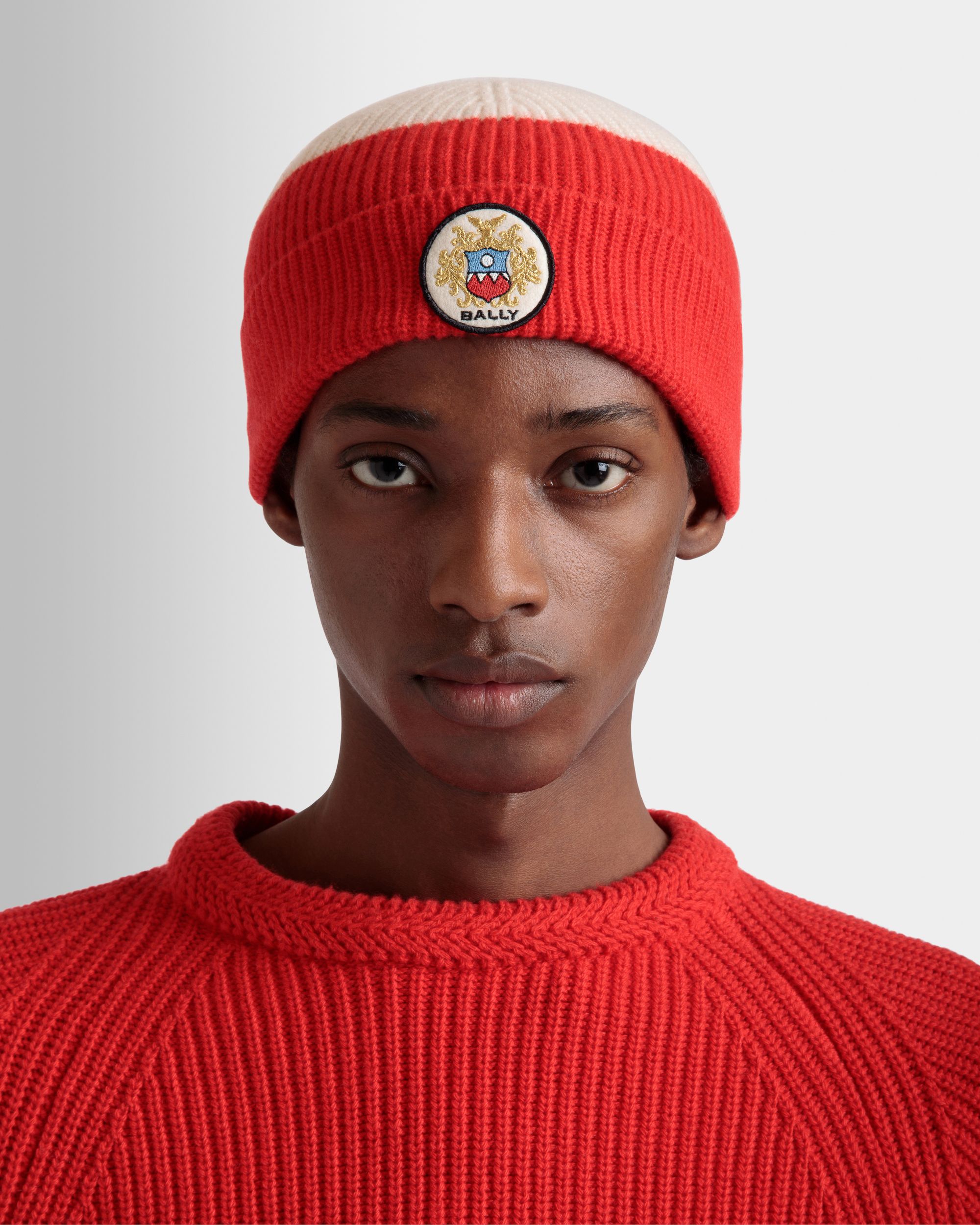 Bonnet Avec Logo Bally Crest En Laine Candy Red Et Ivoire - Homme - Bally - 02