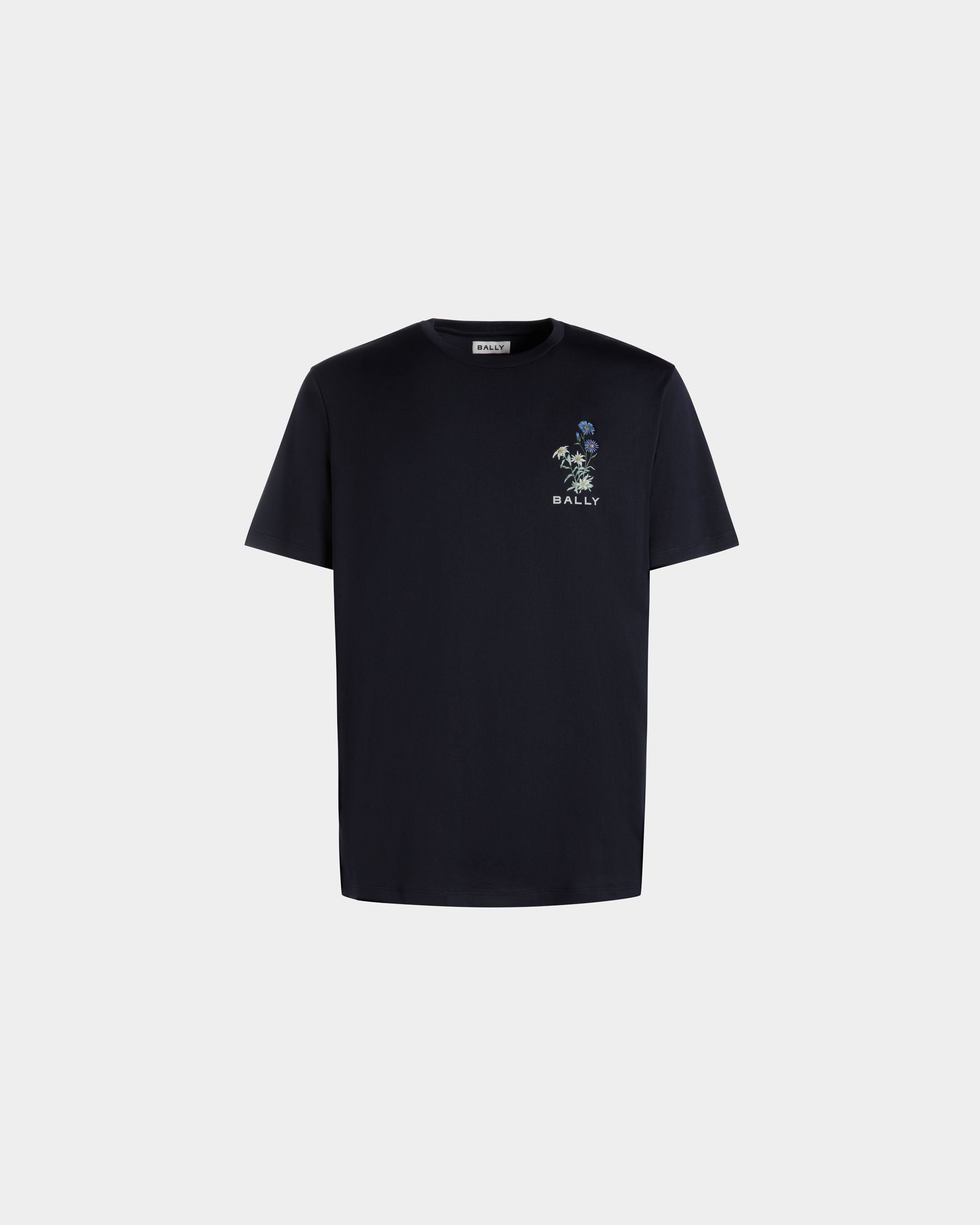 T-Shirt With Mountain Flower Print In Navy Blue Cotton - Men's - Bally - 01