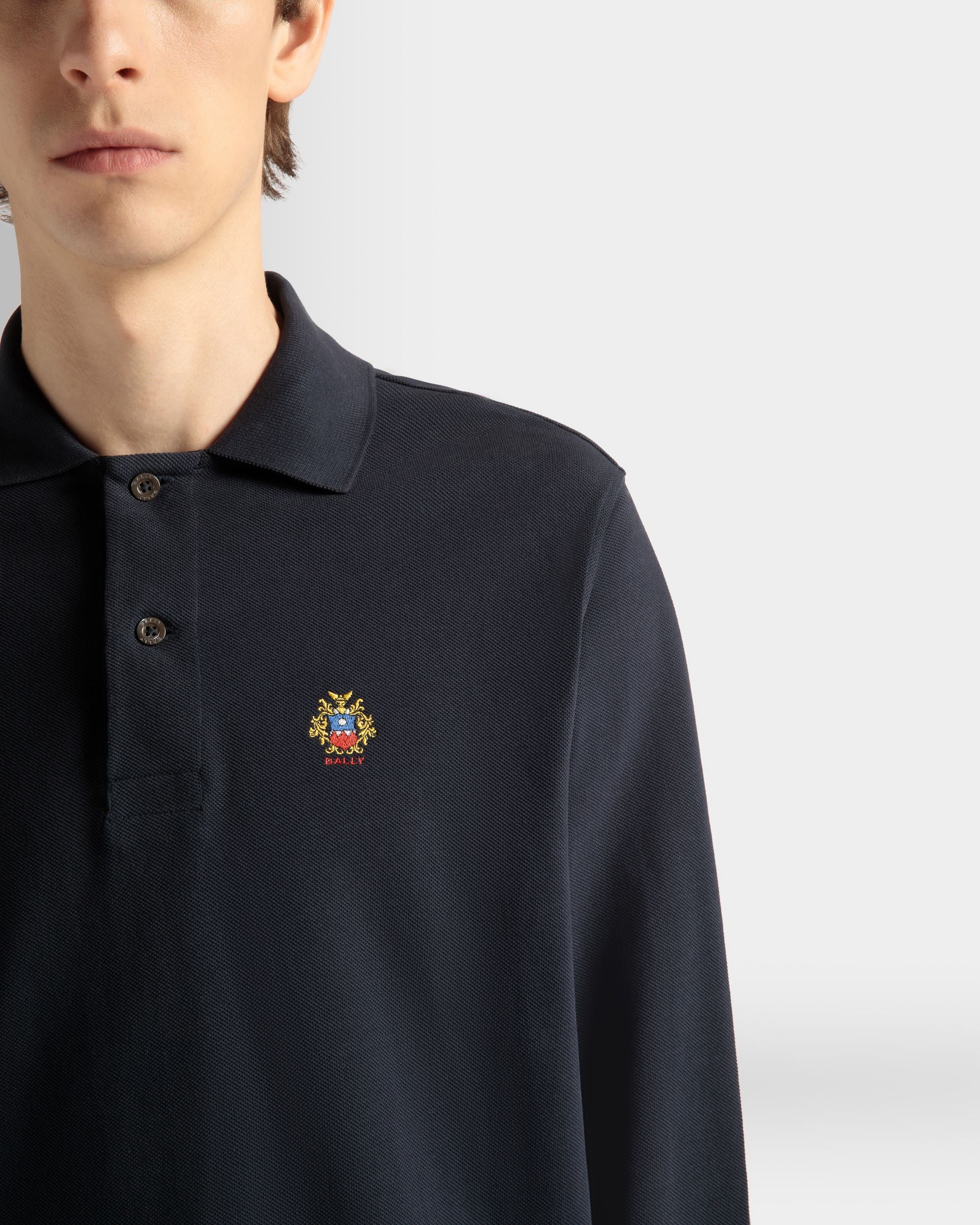 Long Sleeve Polo Shirt in Navy Blue Cotton - Men's - Bally - 04