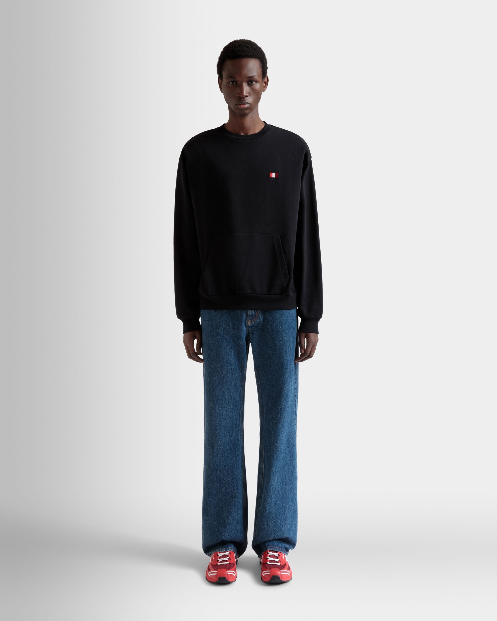 Crewneck Sweatshirt With a Bally Flag in Black Cotton - Men's - Bally - 02