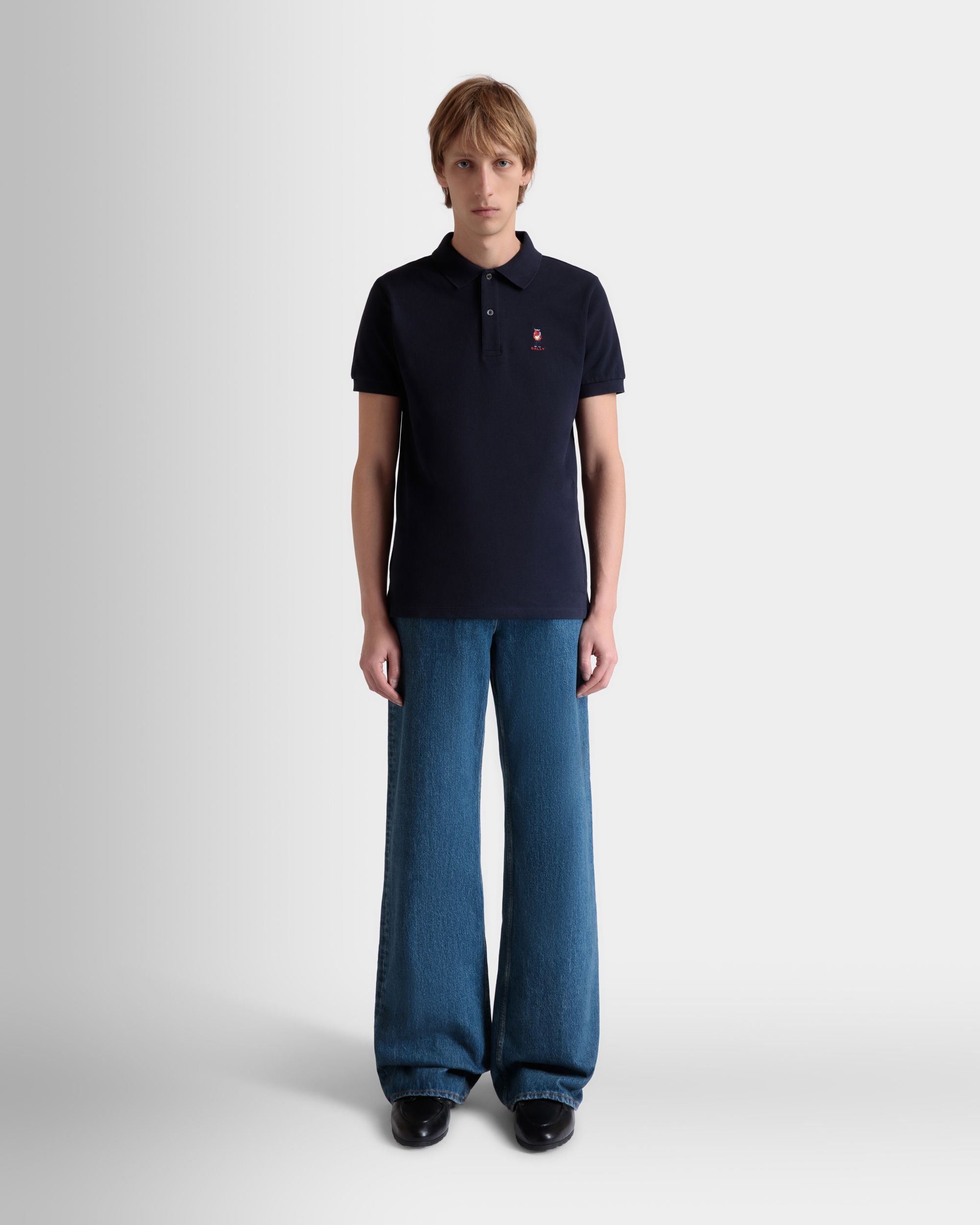 Polo With Forest Mask In Navy Blue Cotton - Men's - Bally - 02