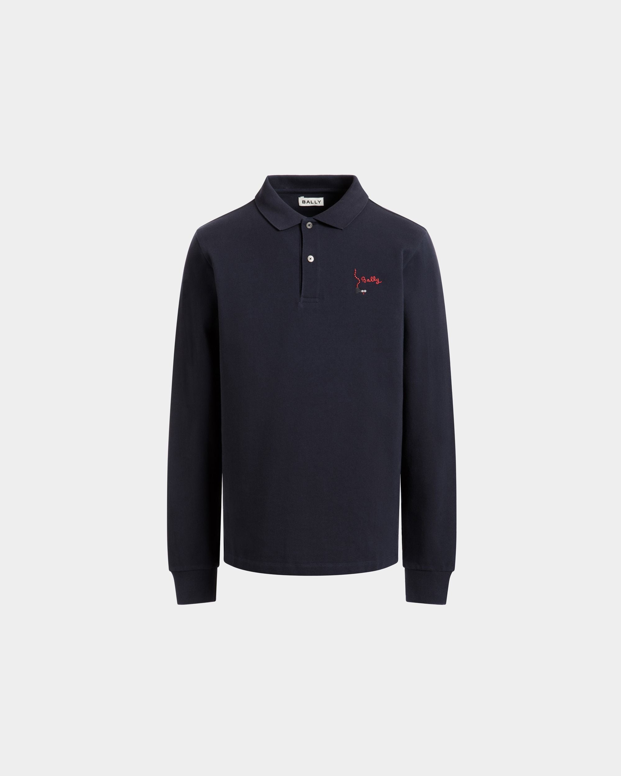 Long Sleeve Polo Shirt in Navy Blue Cotton - Men's - Bally - 01