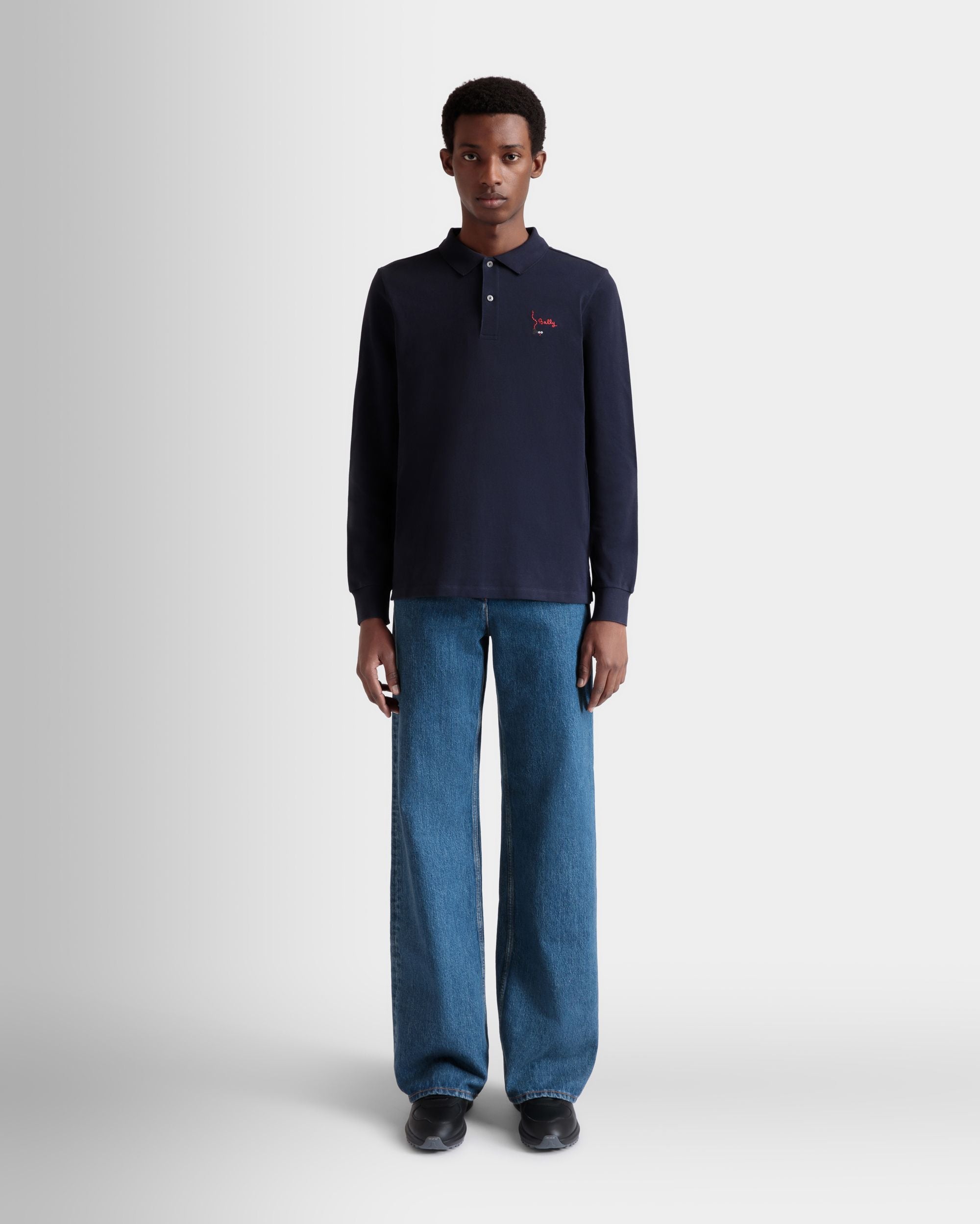 Long Sleeve Polo Shirt in Navy Blue Cotton - Men's - Bally - 02
