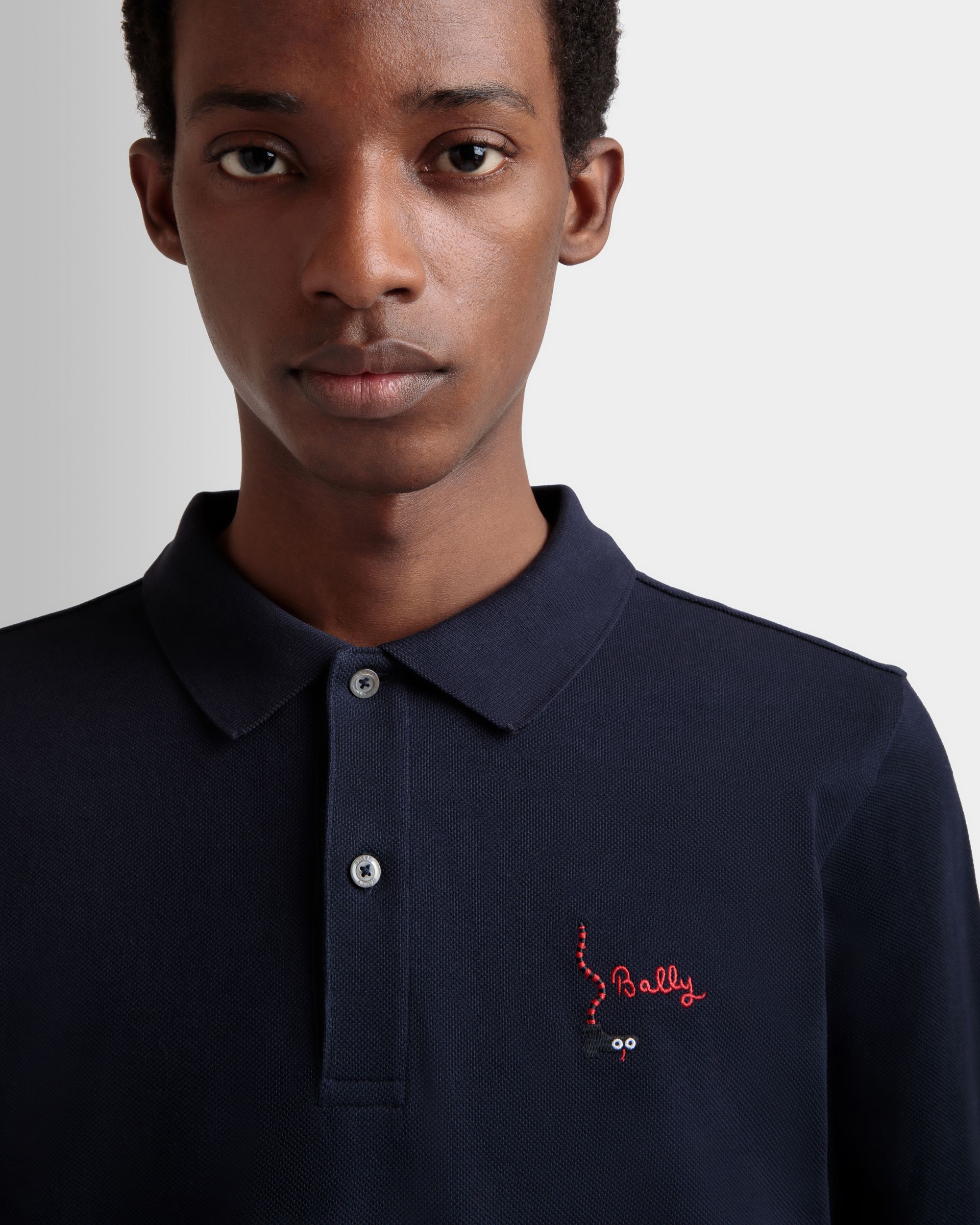 Long Sleeve Polo Shirt in Navy Blue Cotton - Men's - Bally - 03