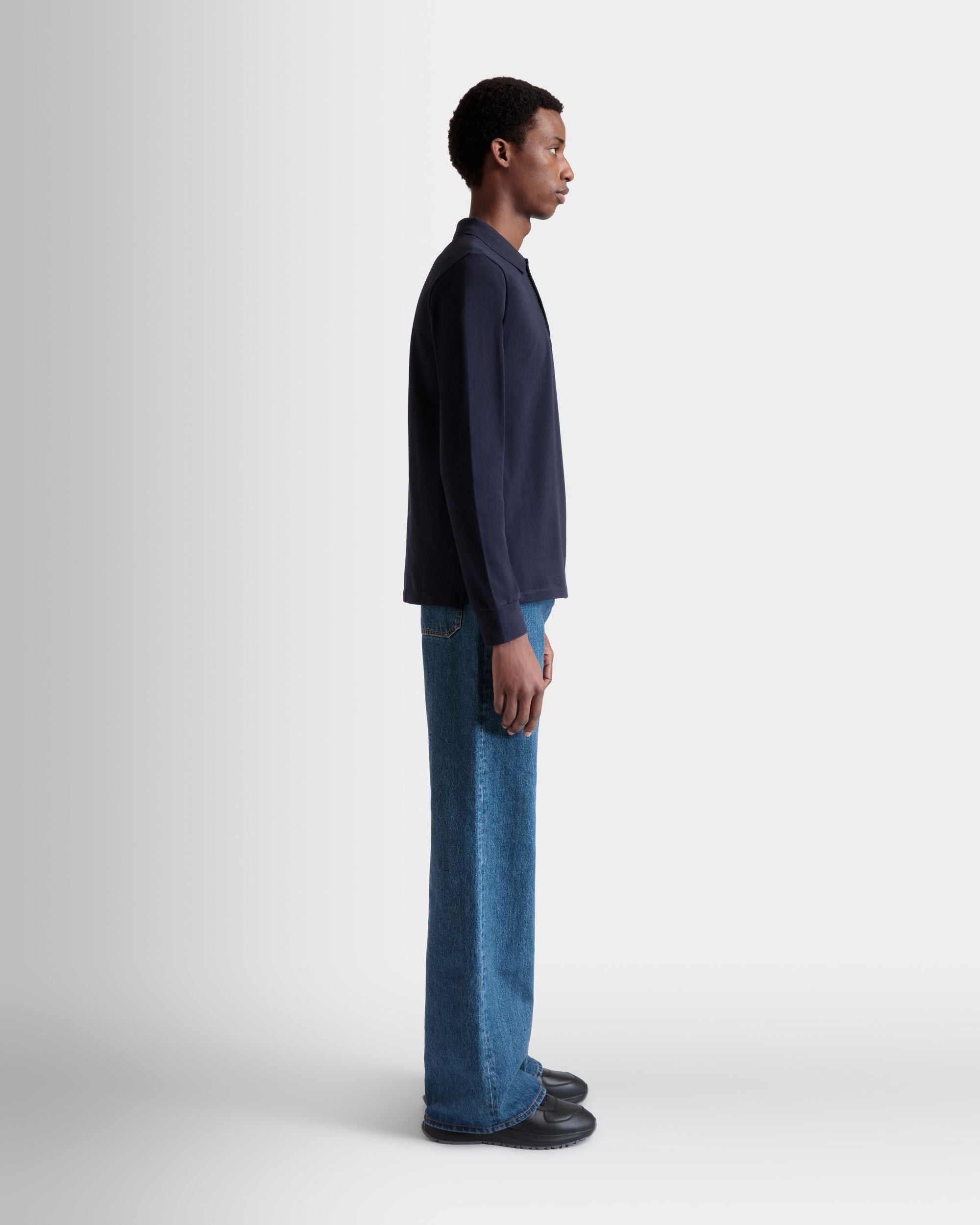 Long Sleeve Polo Shirt in Navy Blue Cotton - Men's - Bally - 05
