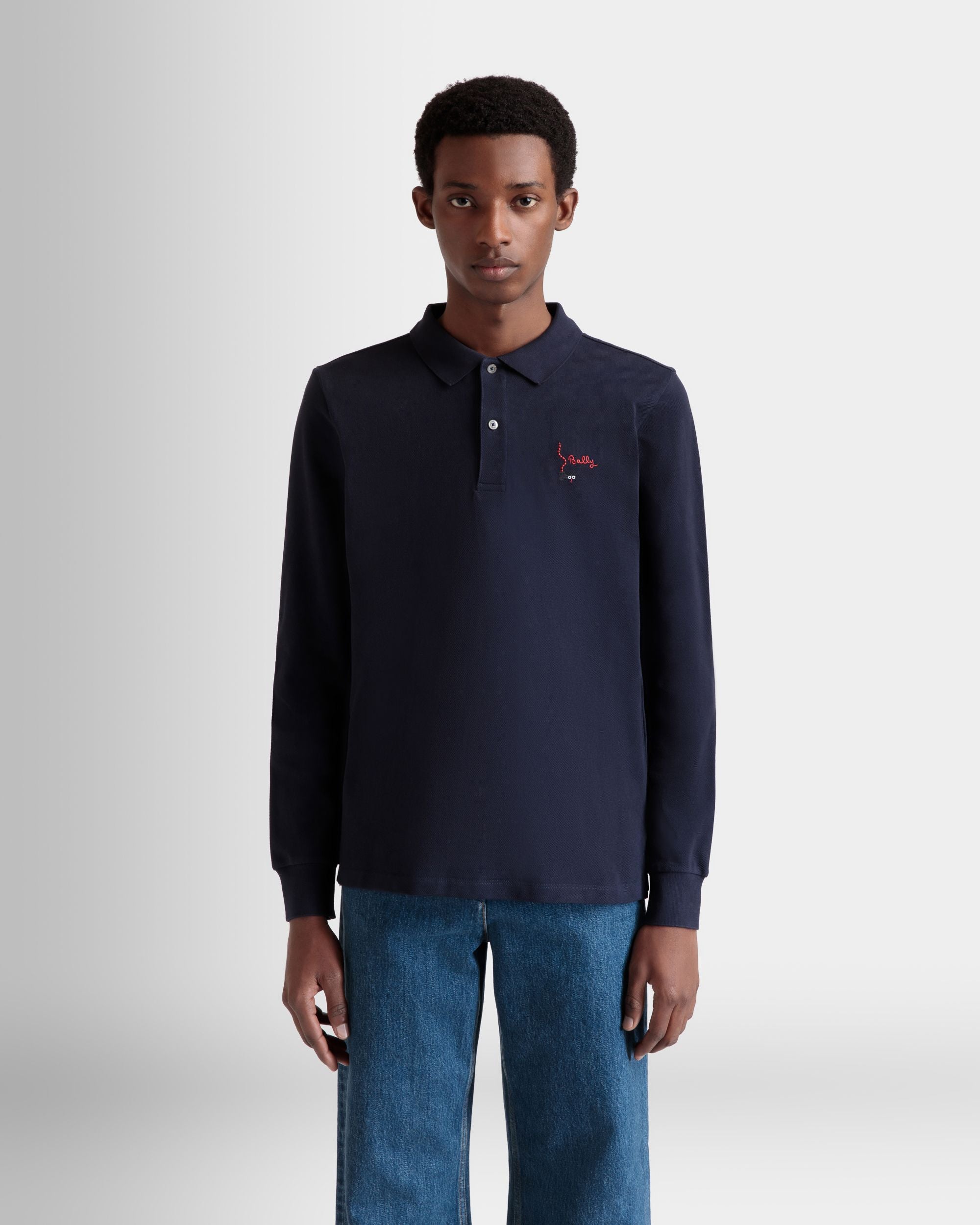 Long Sleeve Polo Shirt in Navy Blue Cotton - Men's - Bally - 08