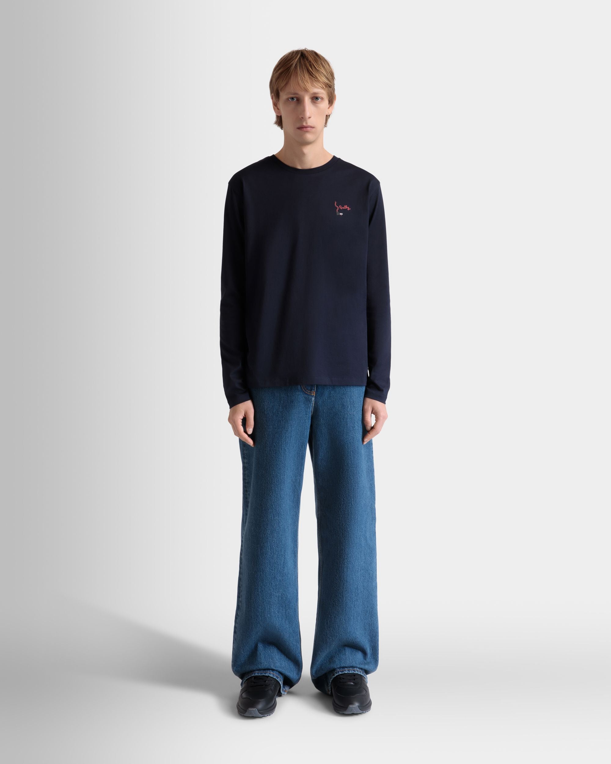 Long Sleeve T-Shirt in Navy Blue Cotton - Men's - Bally - 02