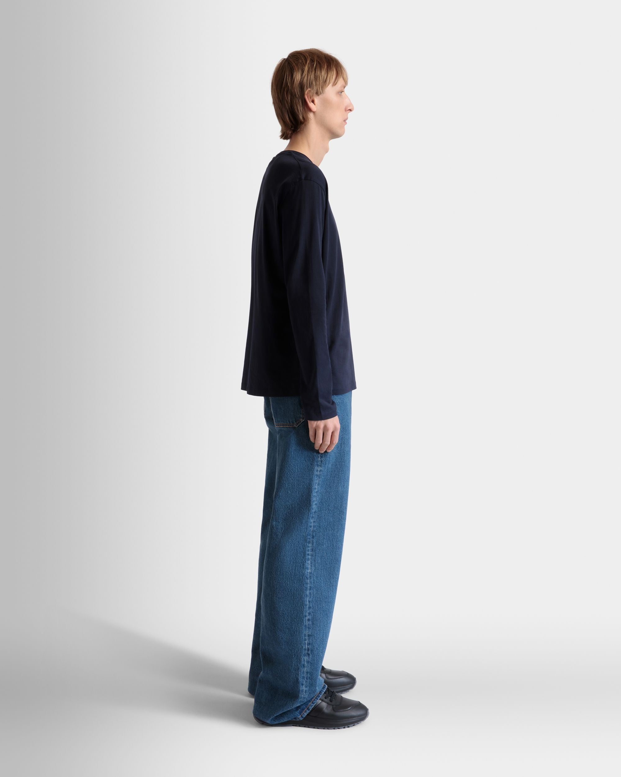 Long Sleeve T-Shirt in Navy Blue Cotton - Men's - Bally - 05