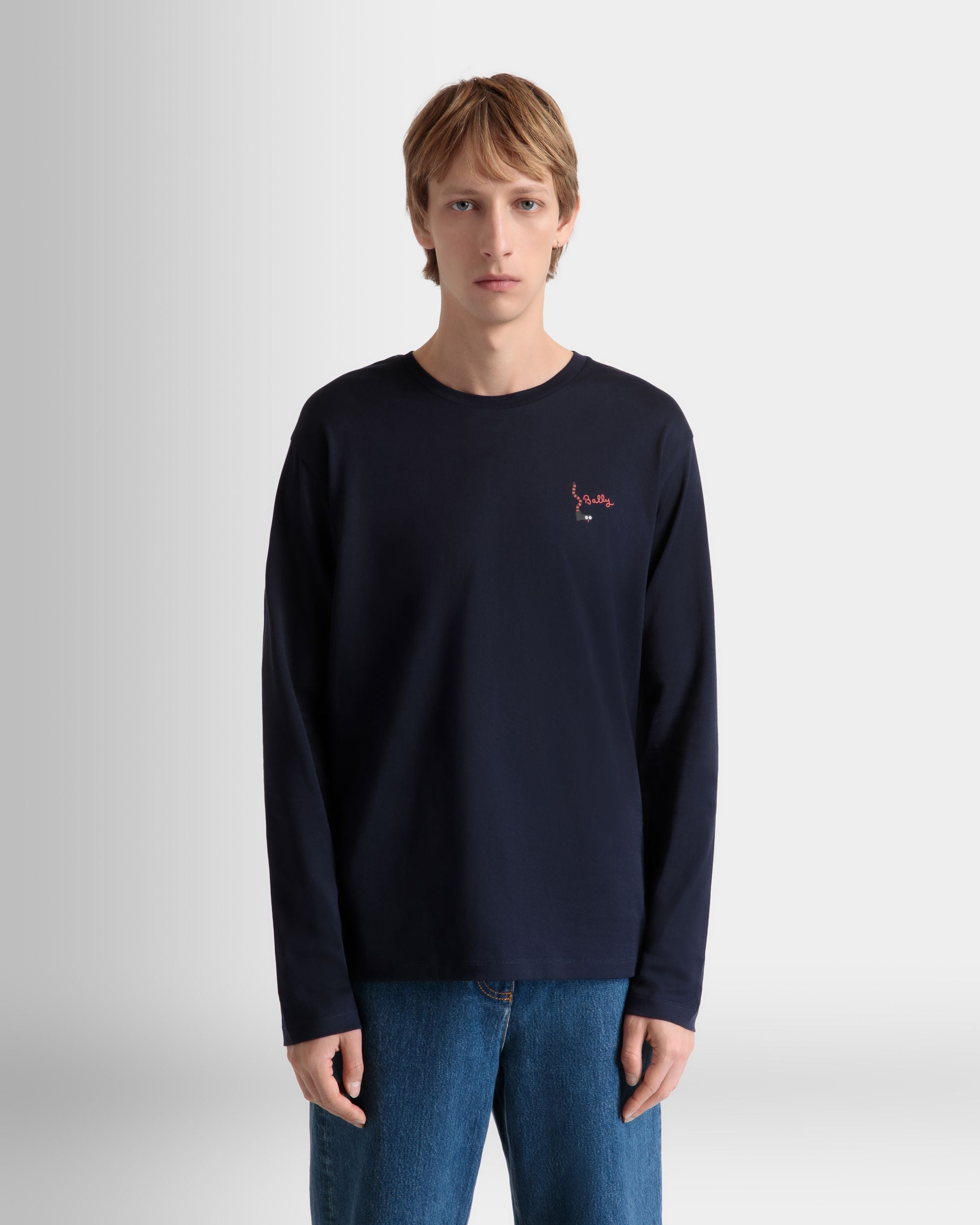 Long Sleeve T-Shirt in Navy Blue Cotton - Men's - Bally - 08