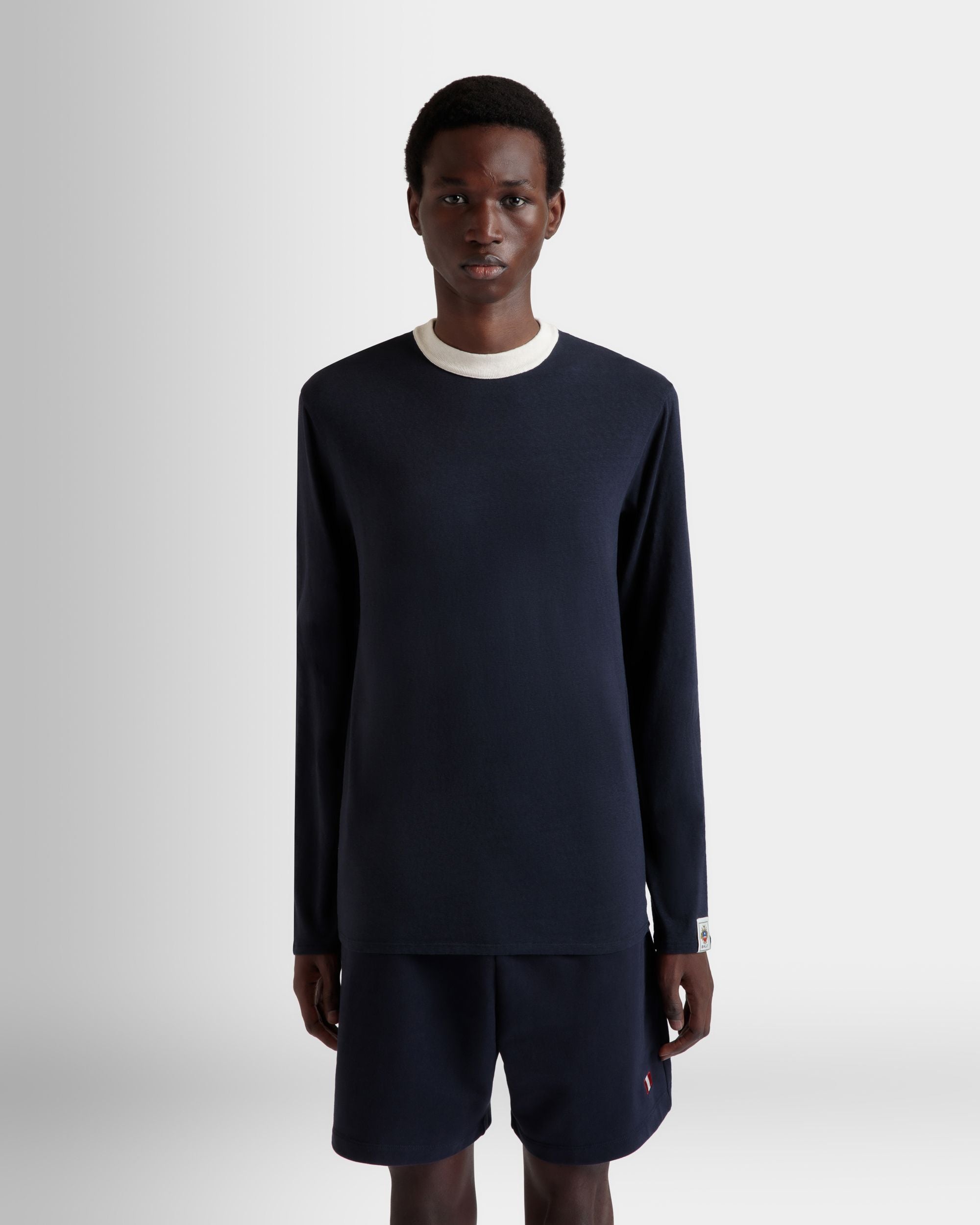 Long Sleeve T-Shirt in Navy Blue Stretch Cotton - Men's - Bally - 08
