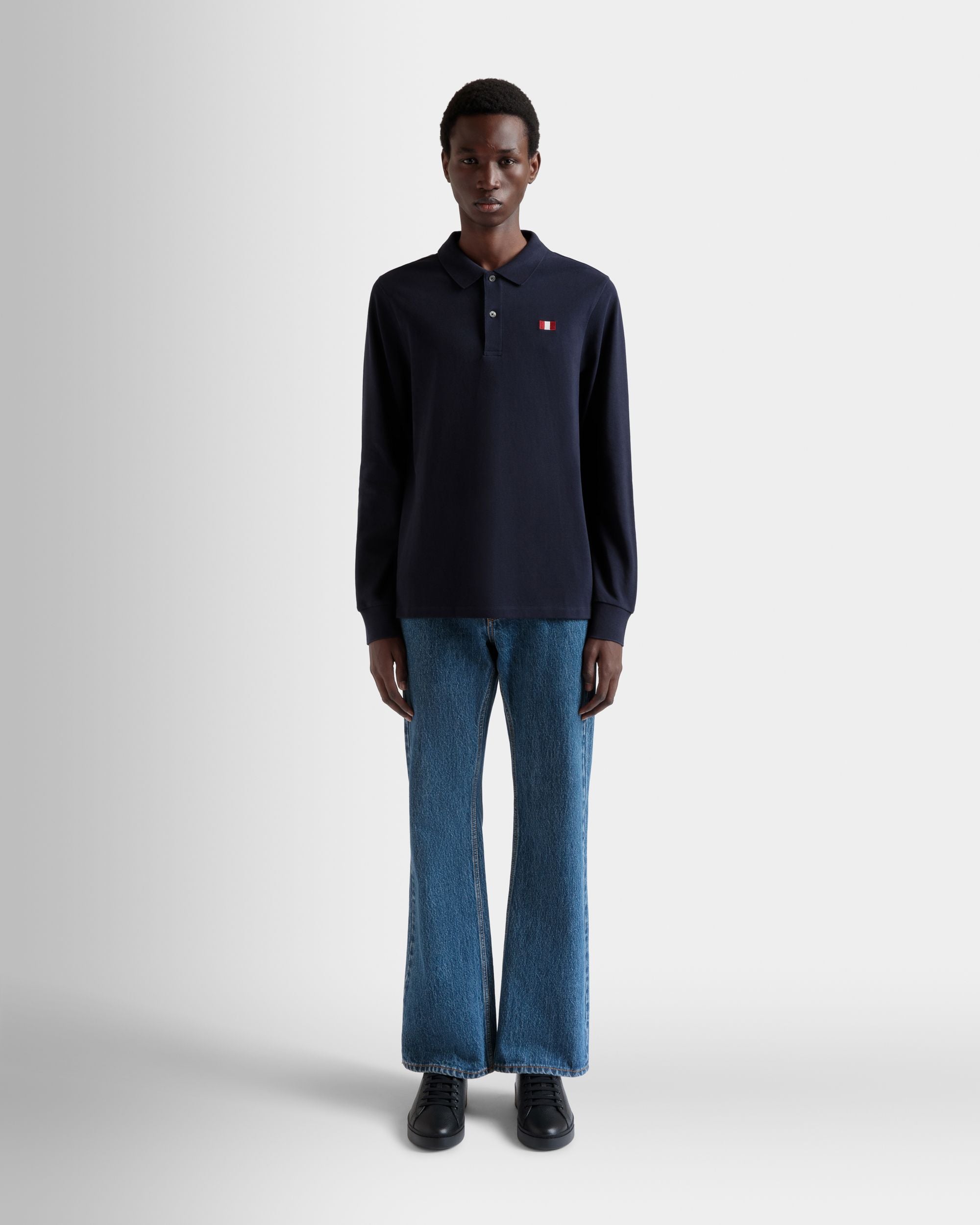 Polo A Maniche Lunghe In Cotone Navy Blue Con Elemento Bally Flag - Uomo - Bally - 02