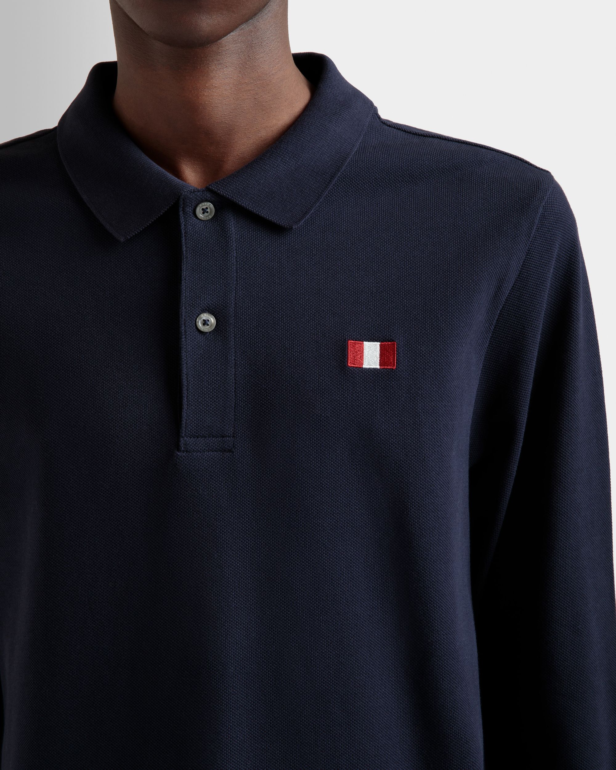 Polo A Maniche Lunghe In Cotone Navy Blue Con Elemento Bally Flag - Uomo - Bally - 03