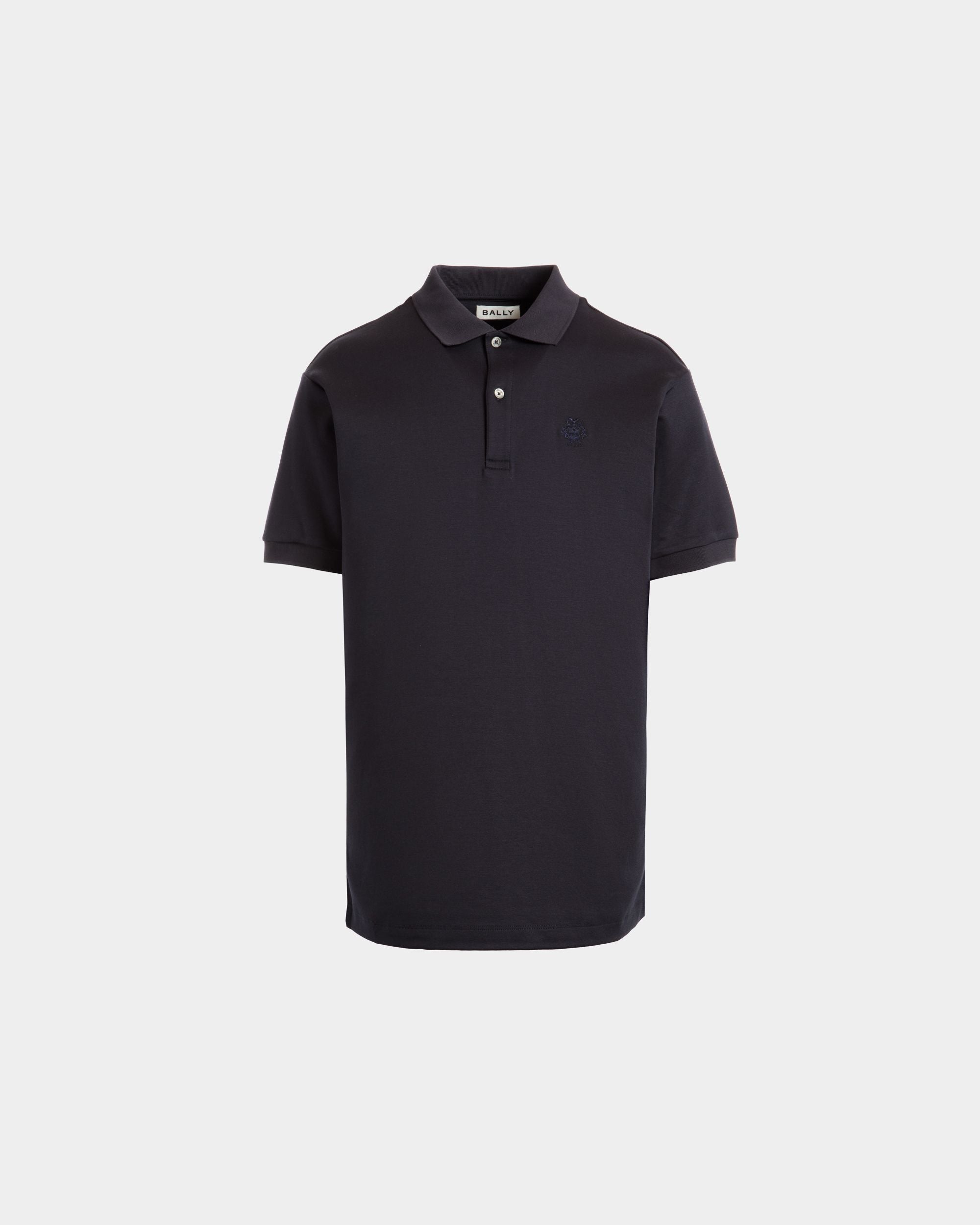 Short Sleeve Polo With a Bally Crest Logo in a Navy Blue Cotton Silk Blend - Men's - Bally - 01
