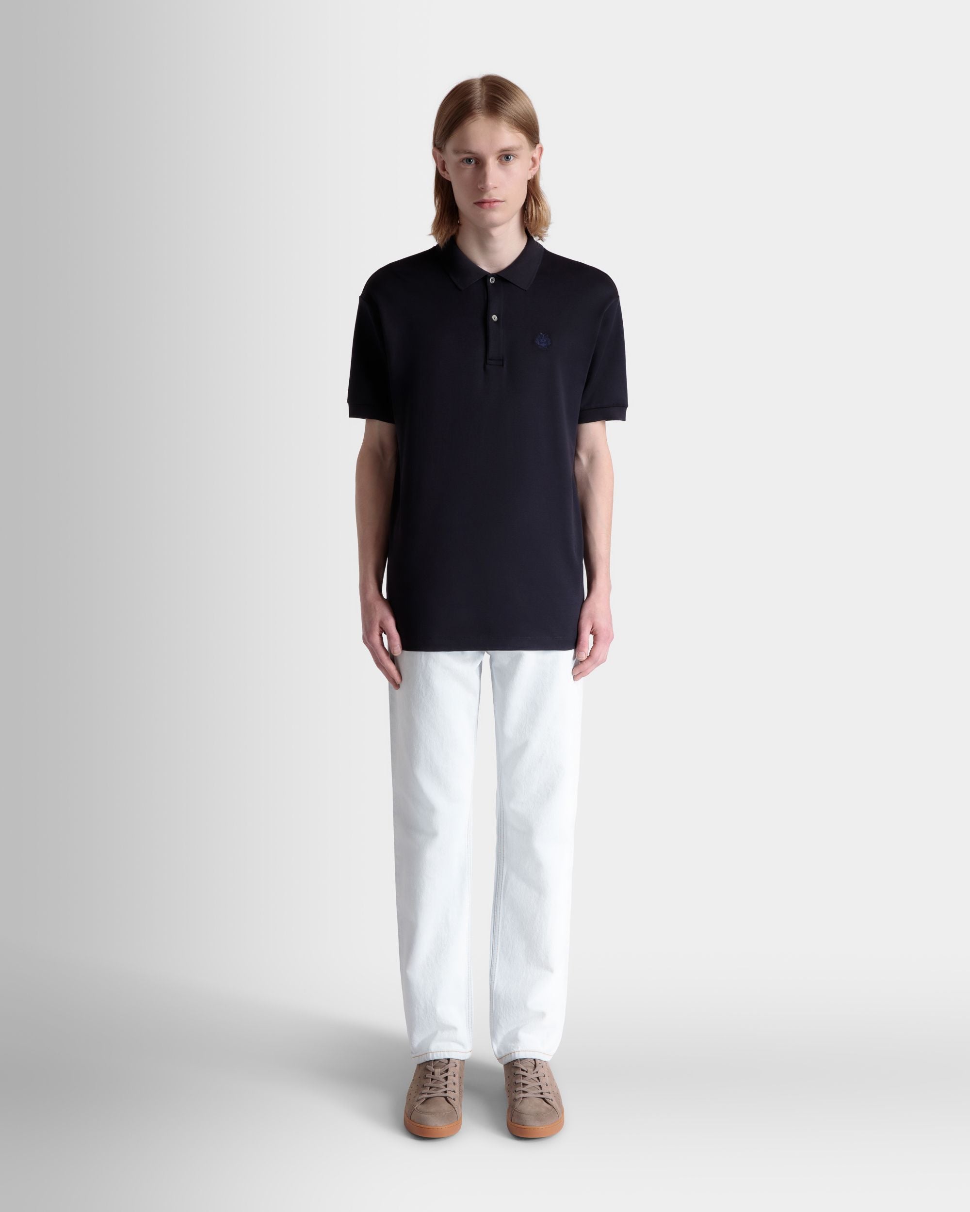 Short Sleeve Polo With a Bally Crest Logo in a Navy Blue Cotton Silk Blend - Men's - Bally - 02