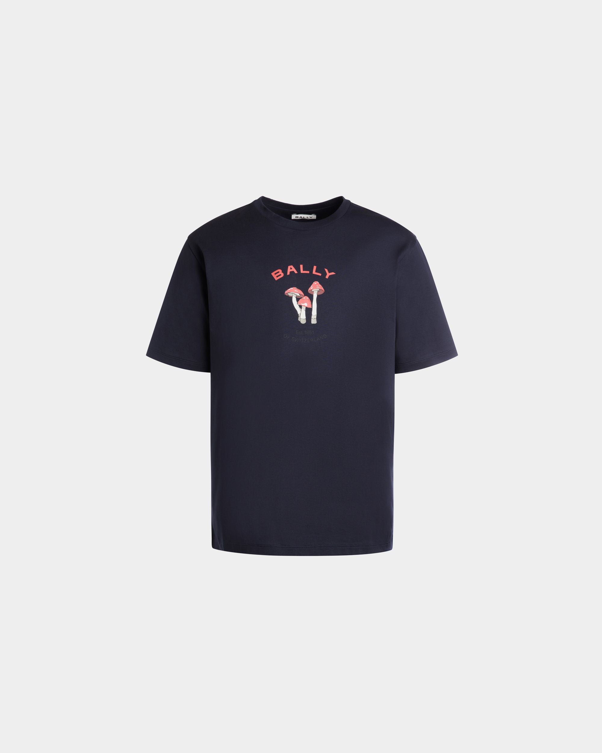 T-Shirt With Enchanting Mushrooms in Navy Blue Cotton - Men's - Bally - 01