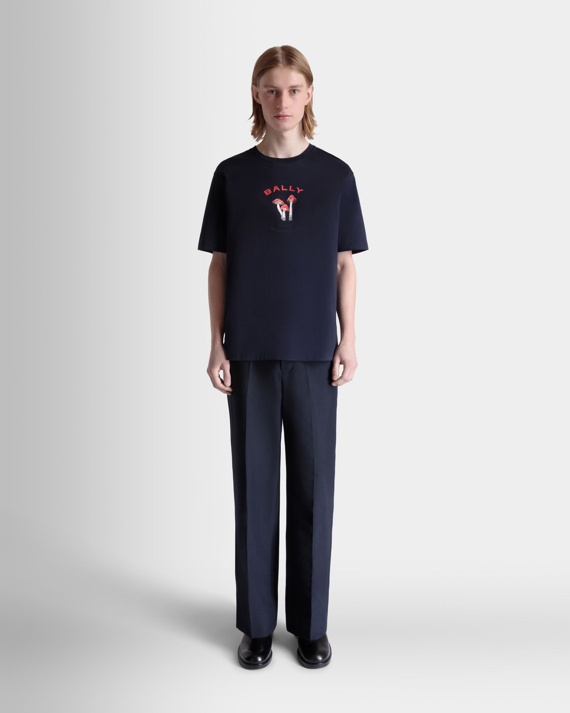 T-Shirt With Enchanting Mushrooms in Navy Blue Cotton - Men's - Bally - 02