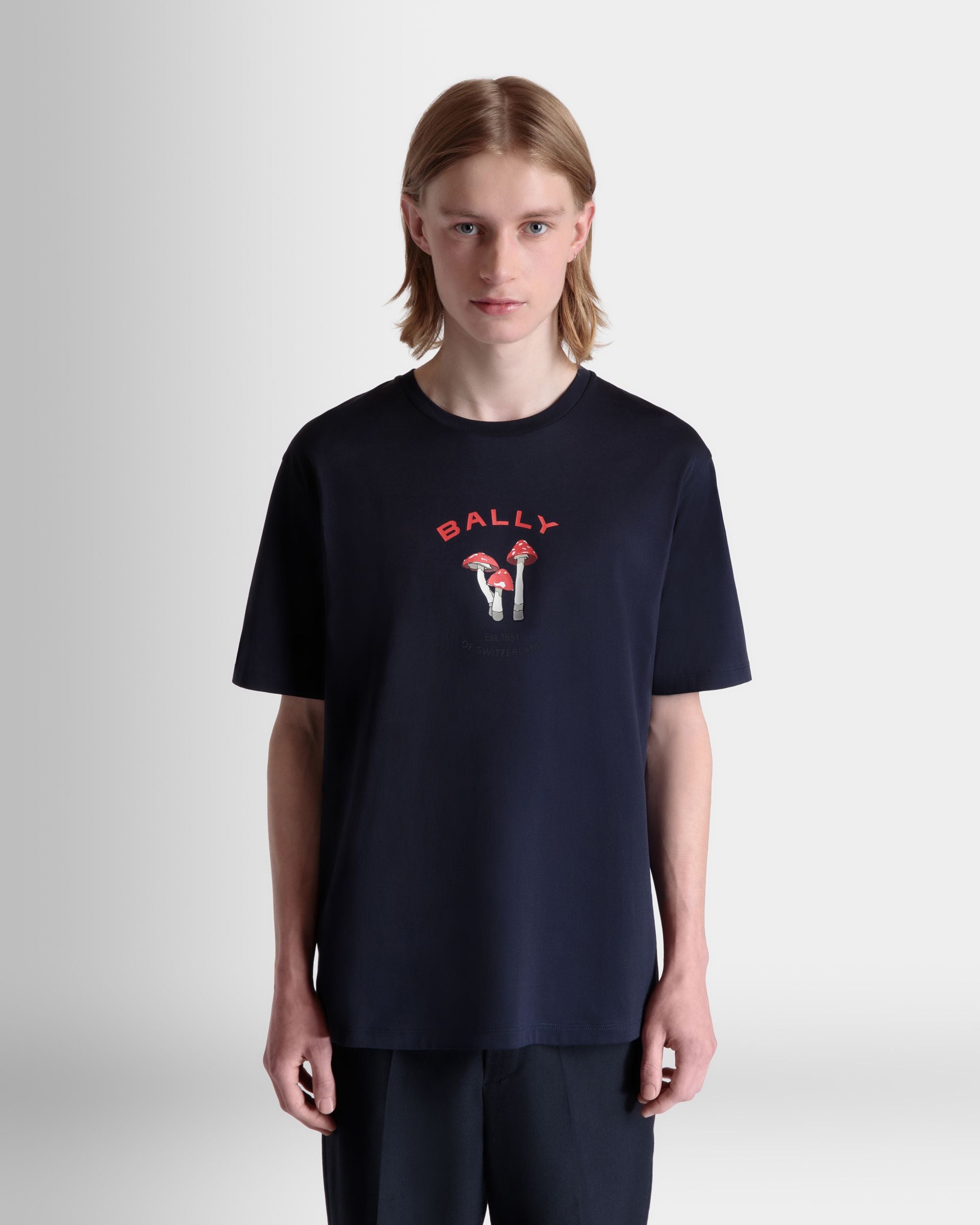 T-Shirt With Enchanting Mushrooms in Navy Blue Cotton - Men's - Bally - 08