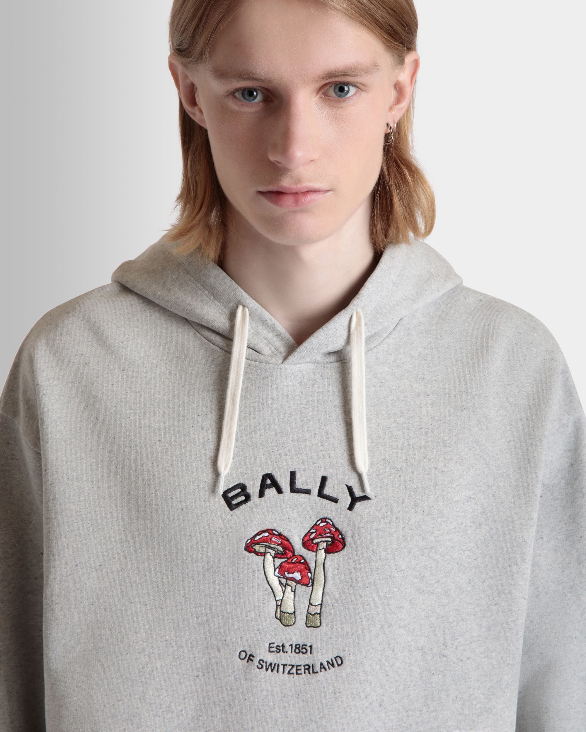 Hoodie With Enchanting Mushrooms in Grey Mélange Cotton - Men's - Bally - 03
