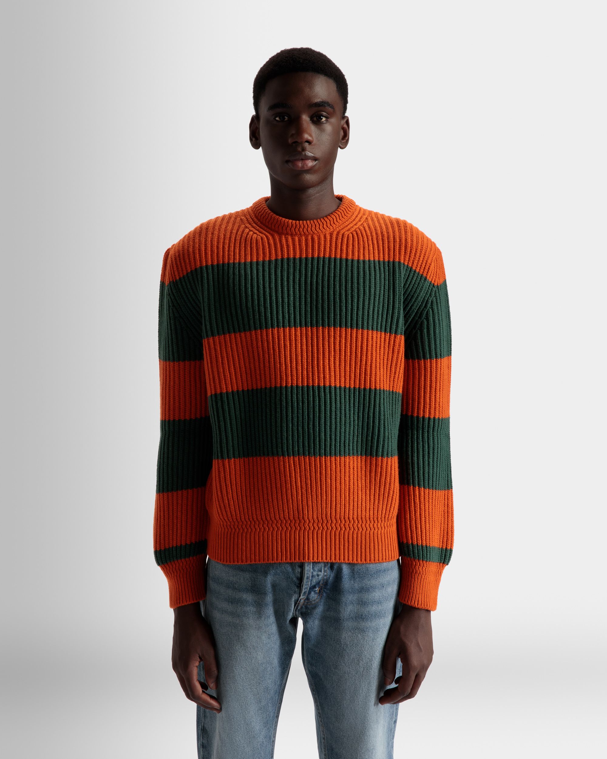Gestreifter Rundhalspullover Aus Wolle In Orange Und Kelly Green - Herren - Bally - 03