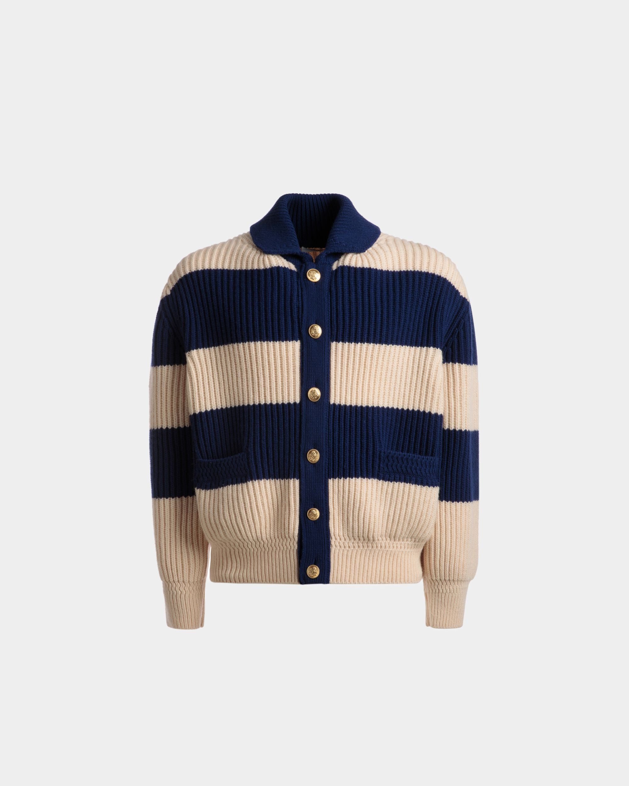 Gestreifte Strickjacke Aus Wolle In Elfenbein Und Marineblau - Herren - Bally - 01