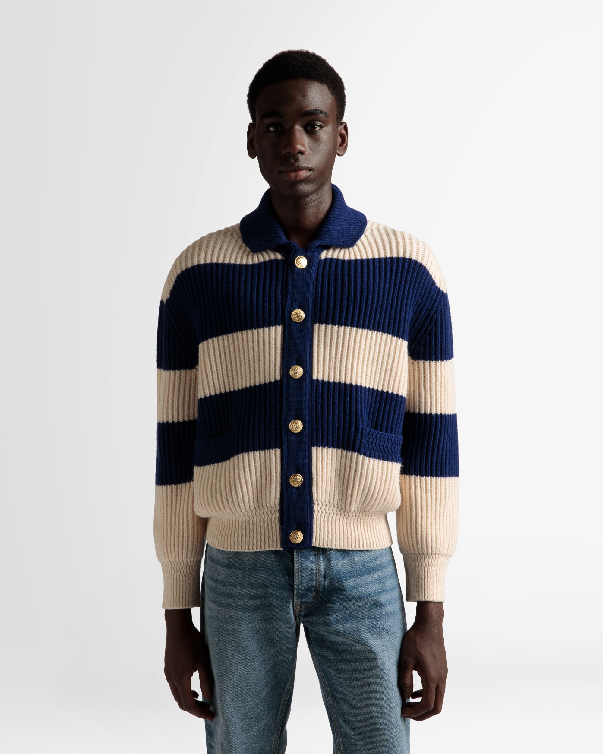 Gestreifte Strickjacke Aus Wolle In Elfenbein Und Marineblau - Herren - Bally - 03