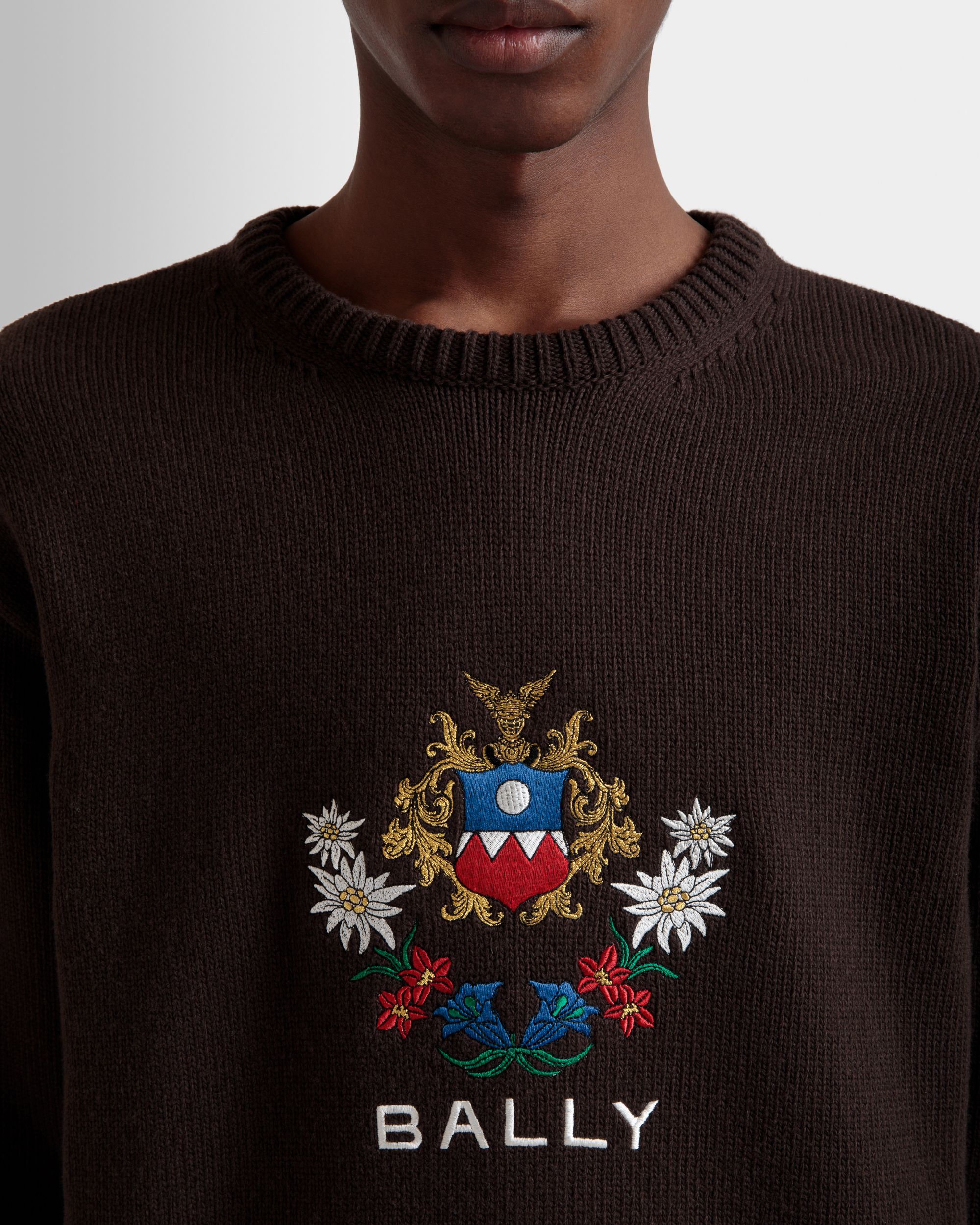 Pullover Girocollo Winter Capsule In Lana Color Ebano Con Ricamo Alpine Flowers - Uomo - Bally - 03