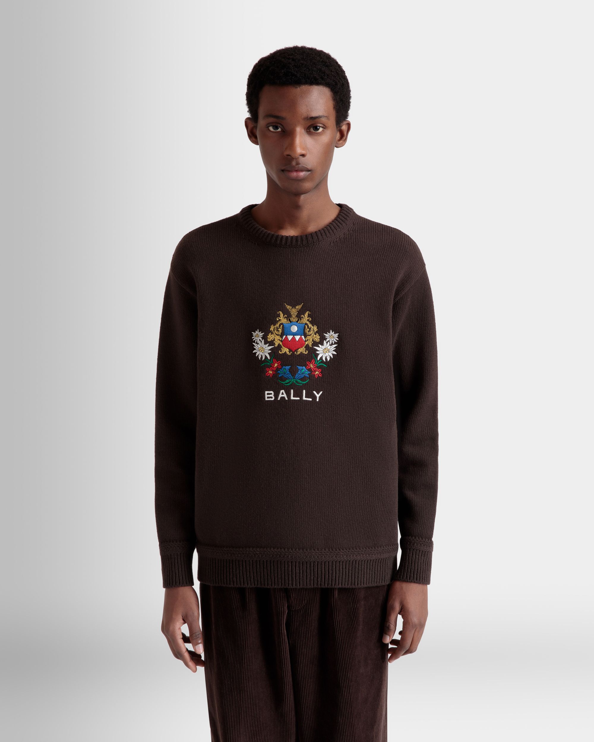 Pullover Girocollo Winter Capsule In Lana Color Ebano Con Ricamo Alpine Flowers - Uomo - Bally - 08