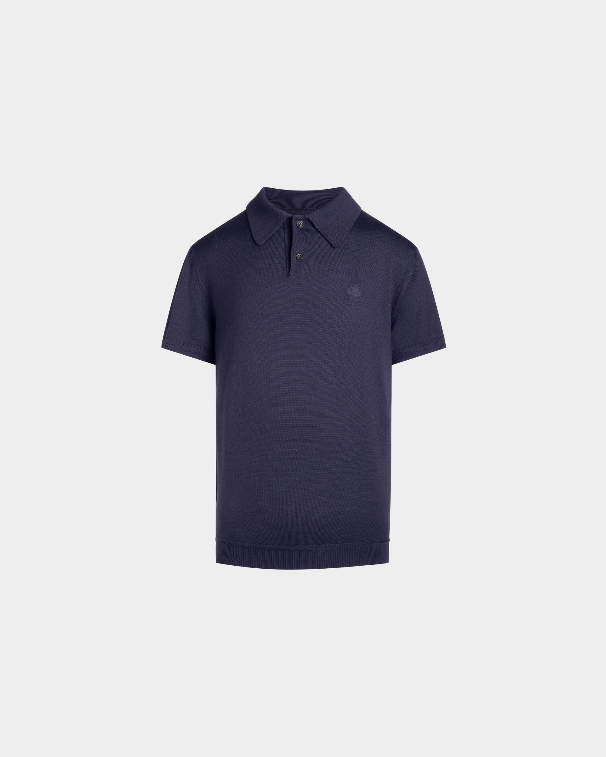Poloshirt Aus Wolle Und Kaschmir In Navy Blue Mit Gesticktem Wappen - Homme - Bally - 01