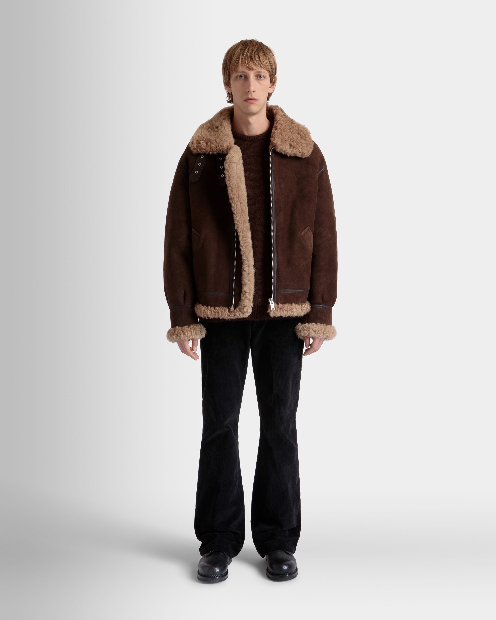 Aviator Jacket In Brown And Beige Shearling - Men's - Bally - 02