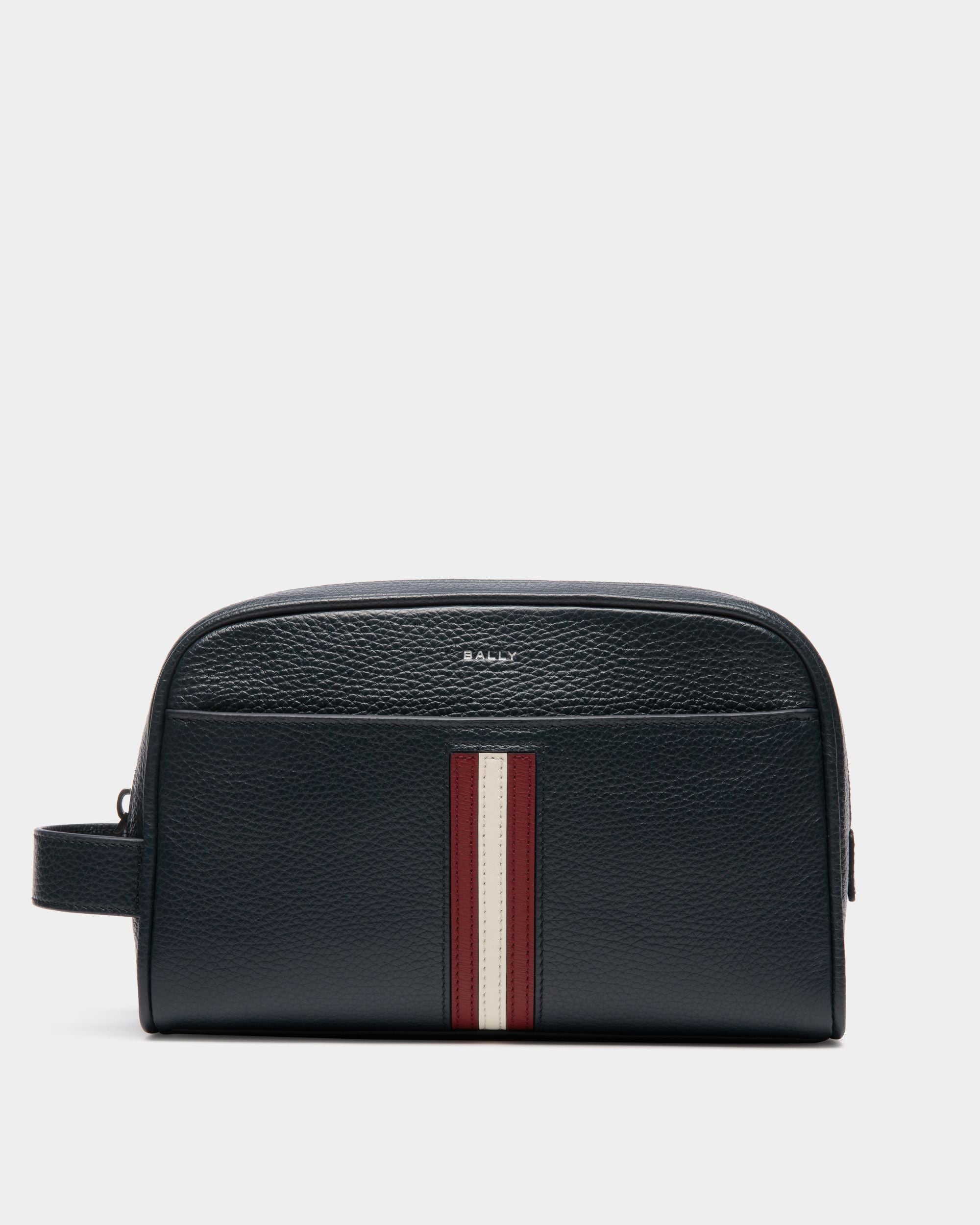Ribbon Washbag In Navy Blue Leather - Men's - Bally - 01