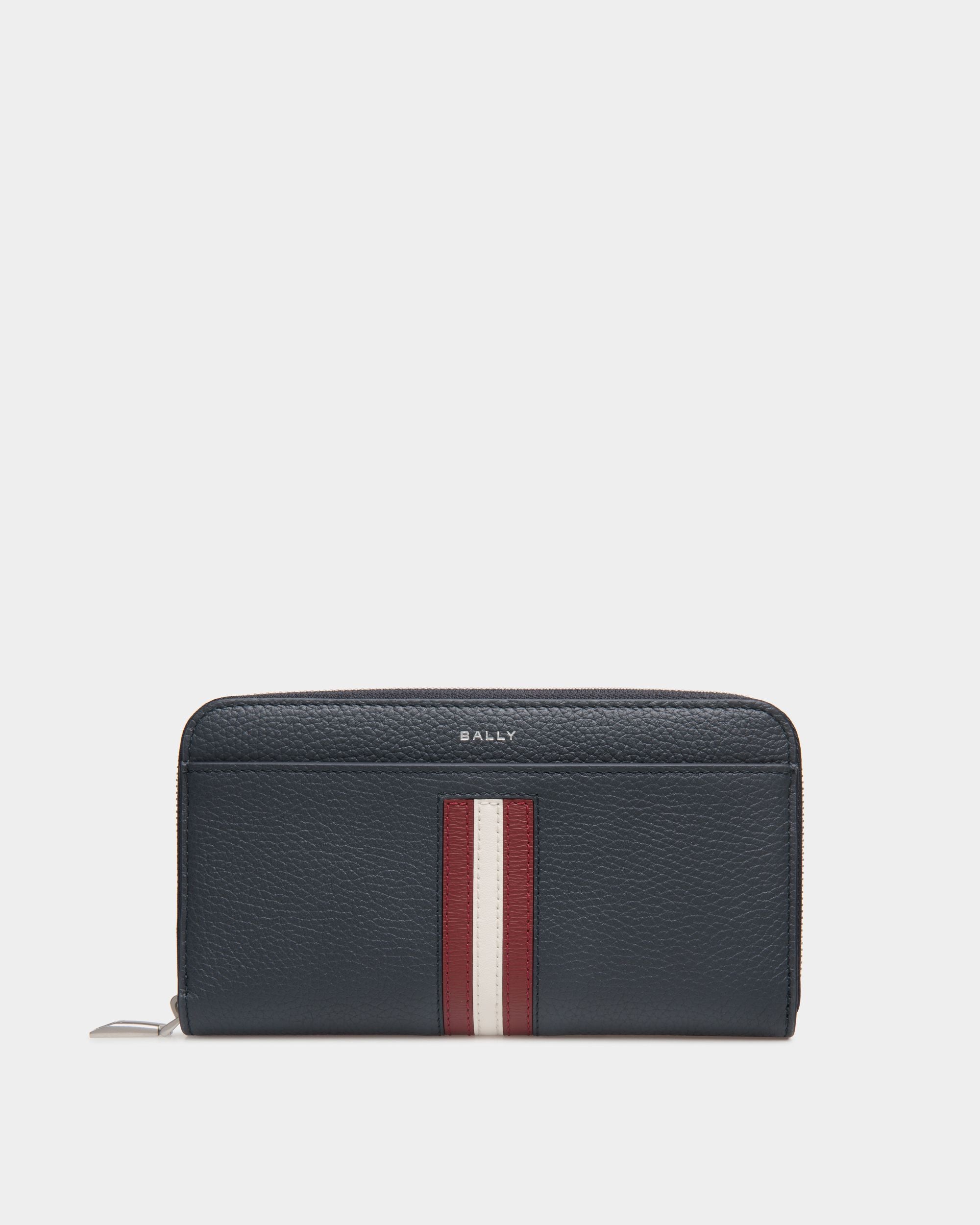 Ribbon Zip Around Wallet In Navy Blue Leather - Men's - Bally - 01