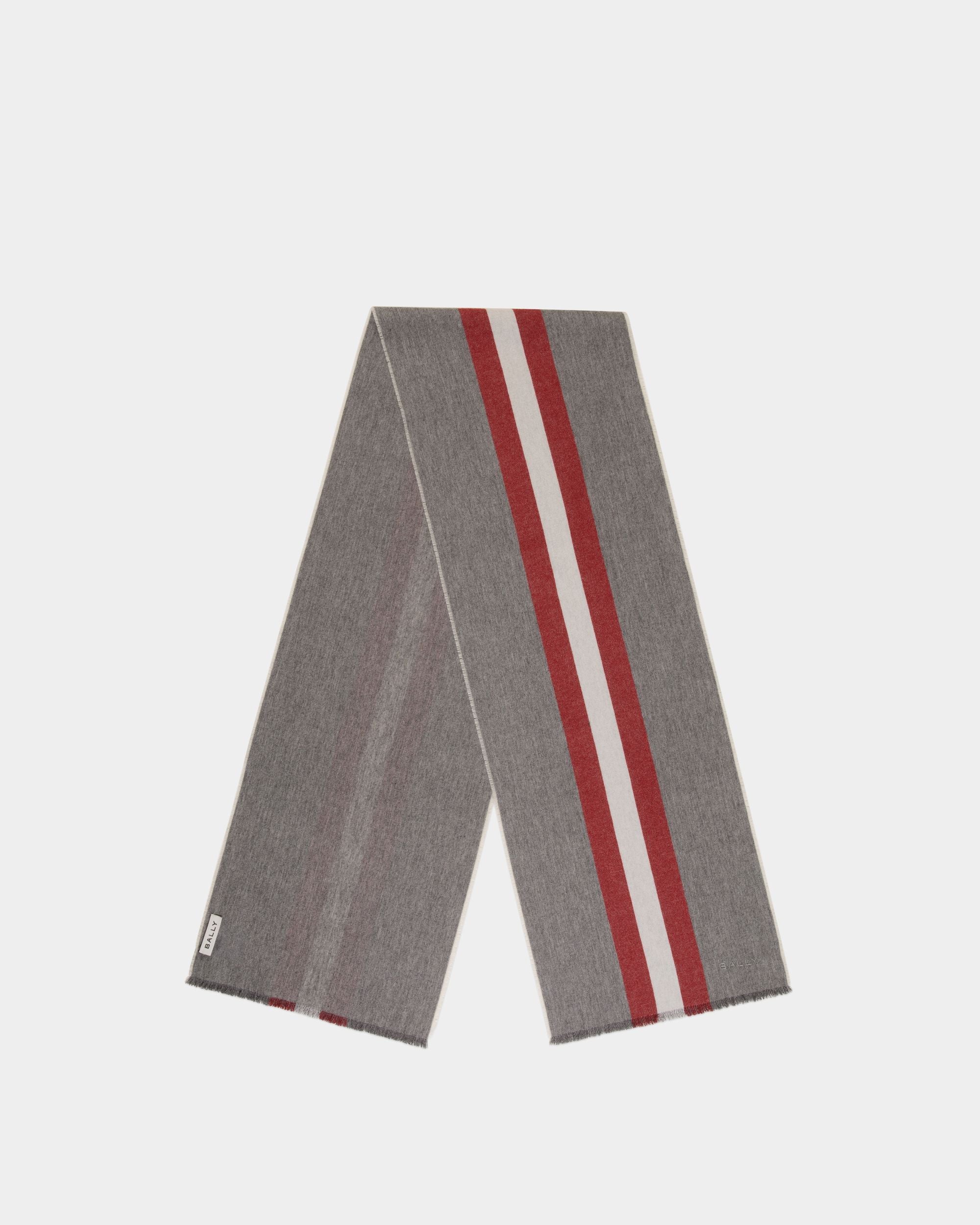 Scarf With a Bally Ribbon in Dark Grey Wool - Men's - Bally - 01