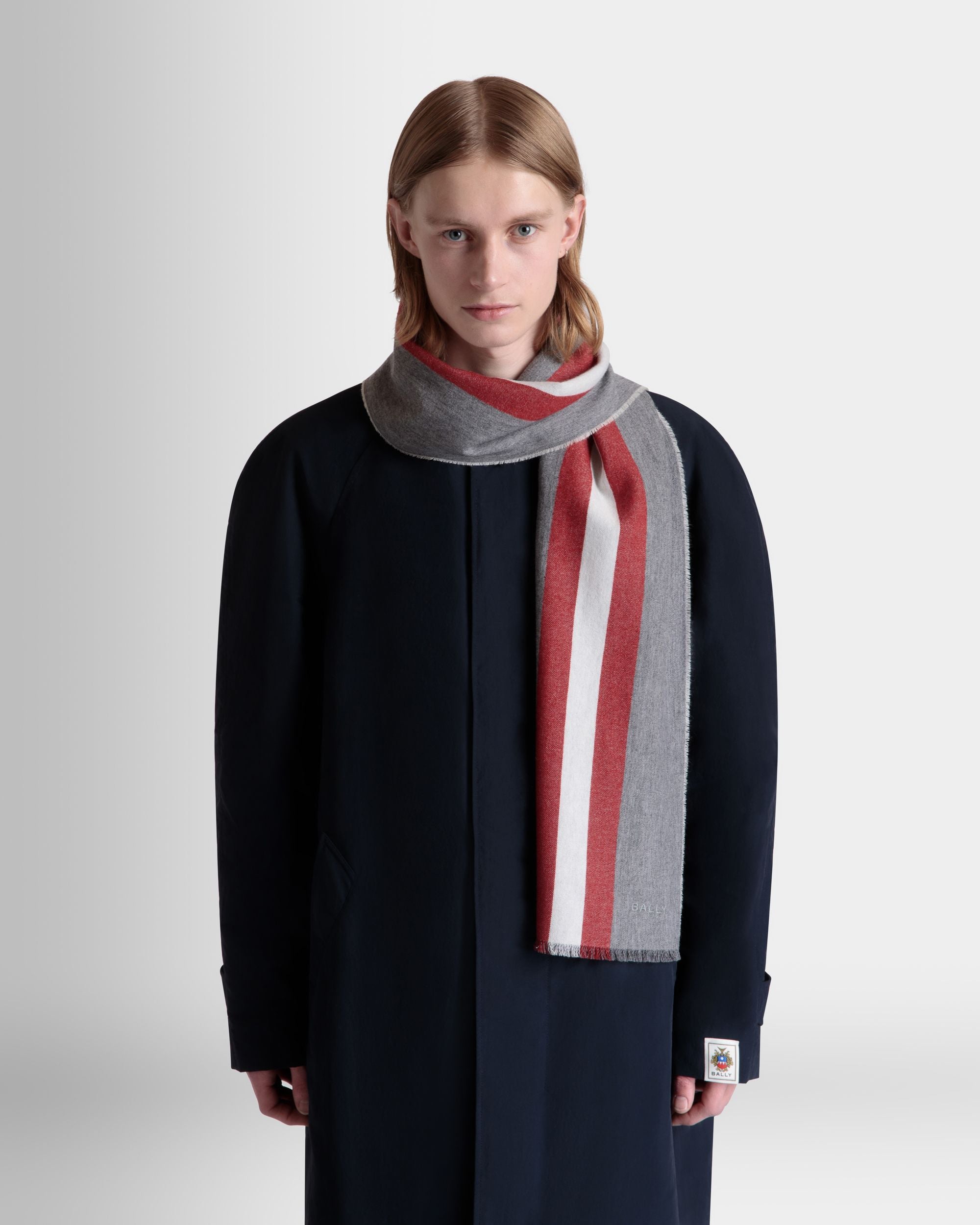 Scarf With a Bally Ribbon in Dark Grey Wool - Men's - Bally - 02