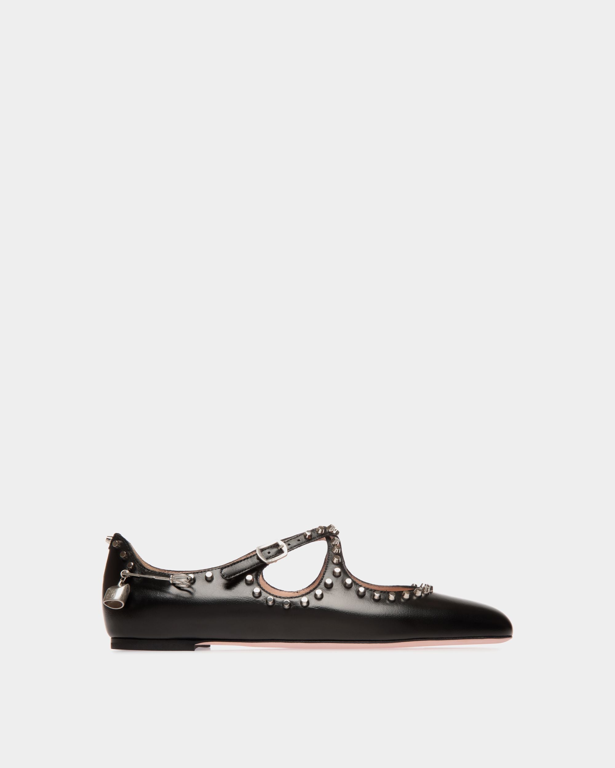 Ballyrina Flat in Black Leather with Studs - Women's - Bally - 01