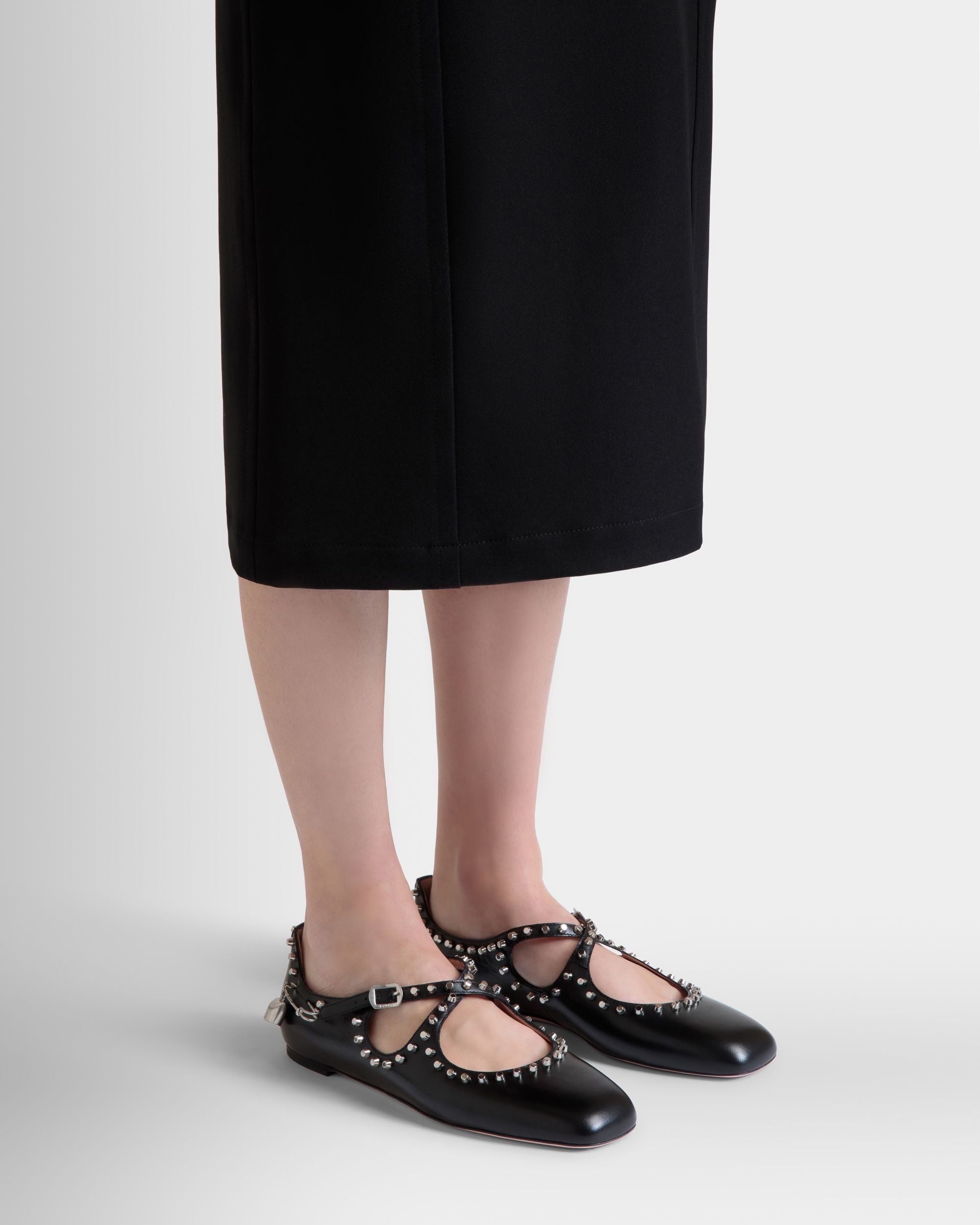 Ballyrina Flat in Black Leather with Studs - Women's - Bally - 02