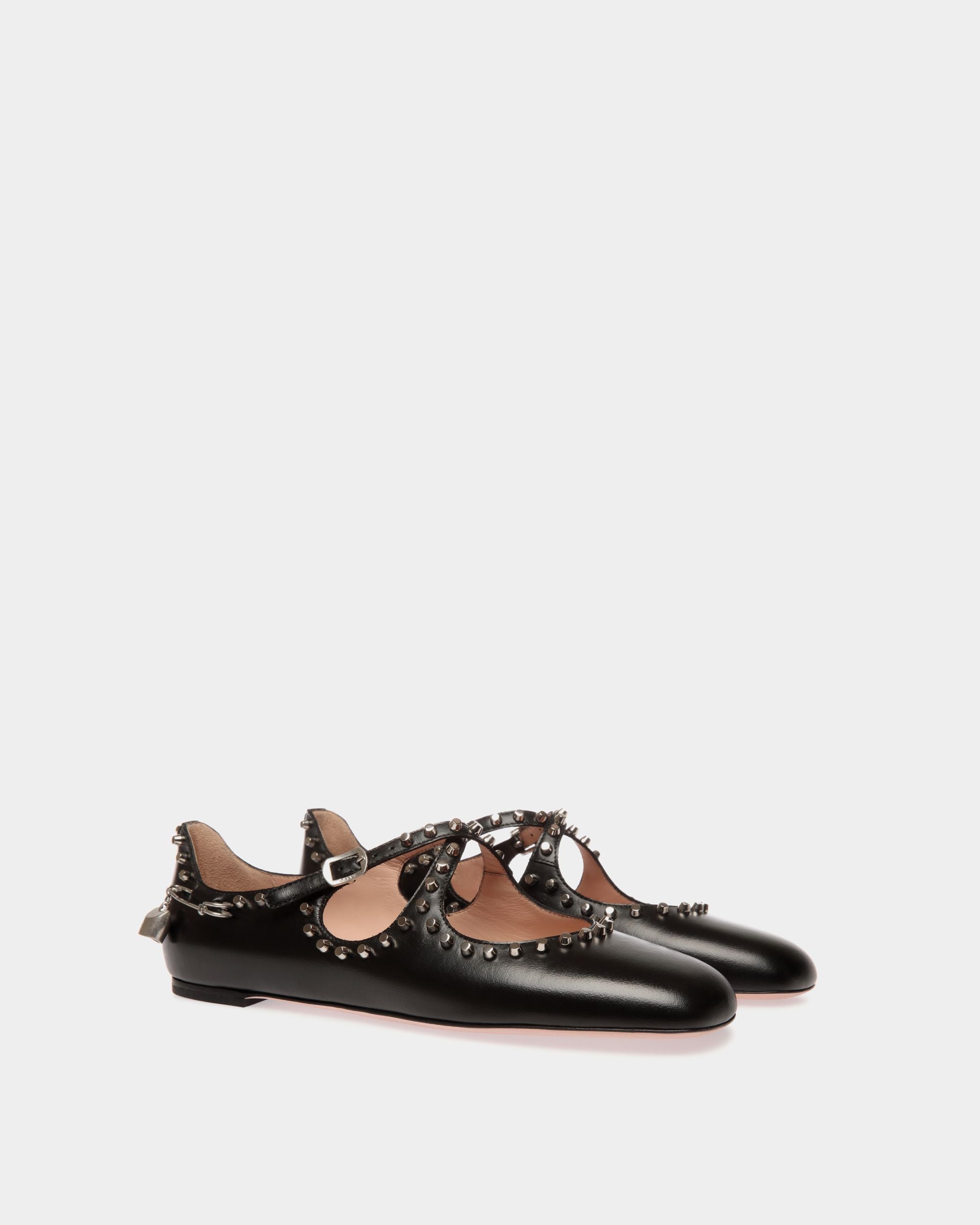 Ballyrina Flat in Black Leather with Studs - Women's - Bally - 03