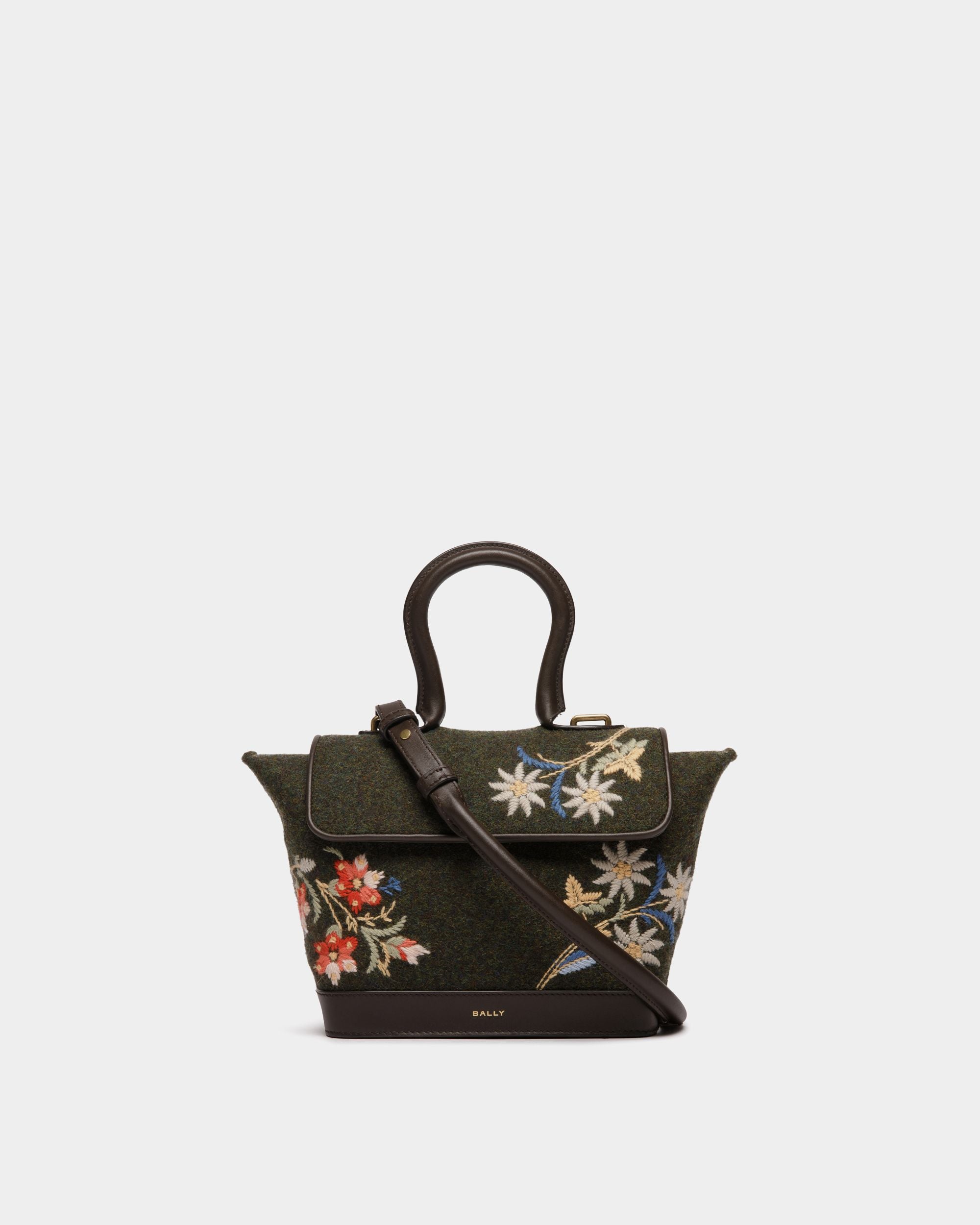 Winter Capsule Top Handle Bag in Dark Green Wool and Ebano Leather With Alpine Flowers - Women's - Bally - 01