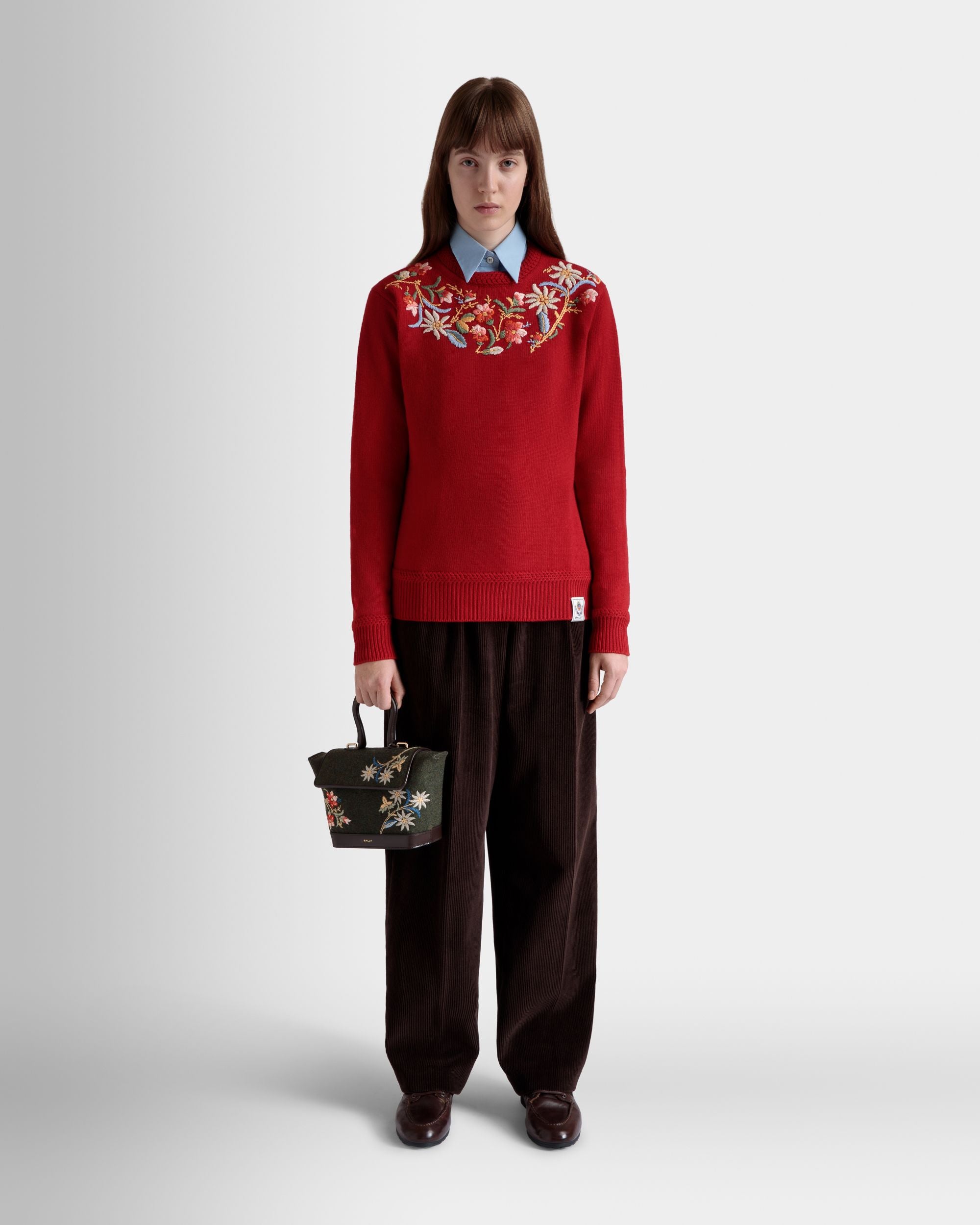 Winter Capsule Top Handle Bag in Dark Green Wool and Ebano Leather With Alpine Flowers - Women's - Bally - 02