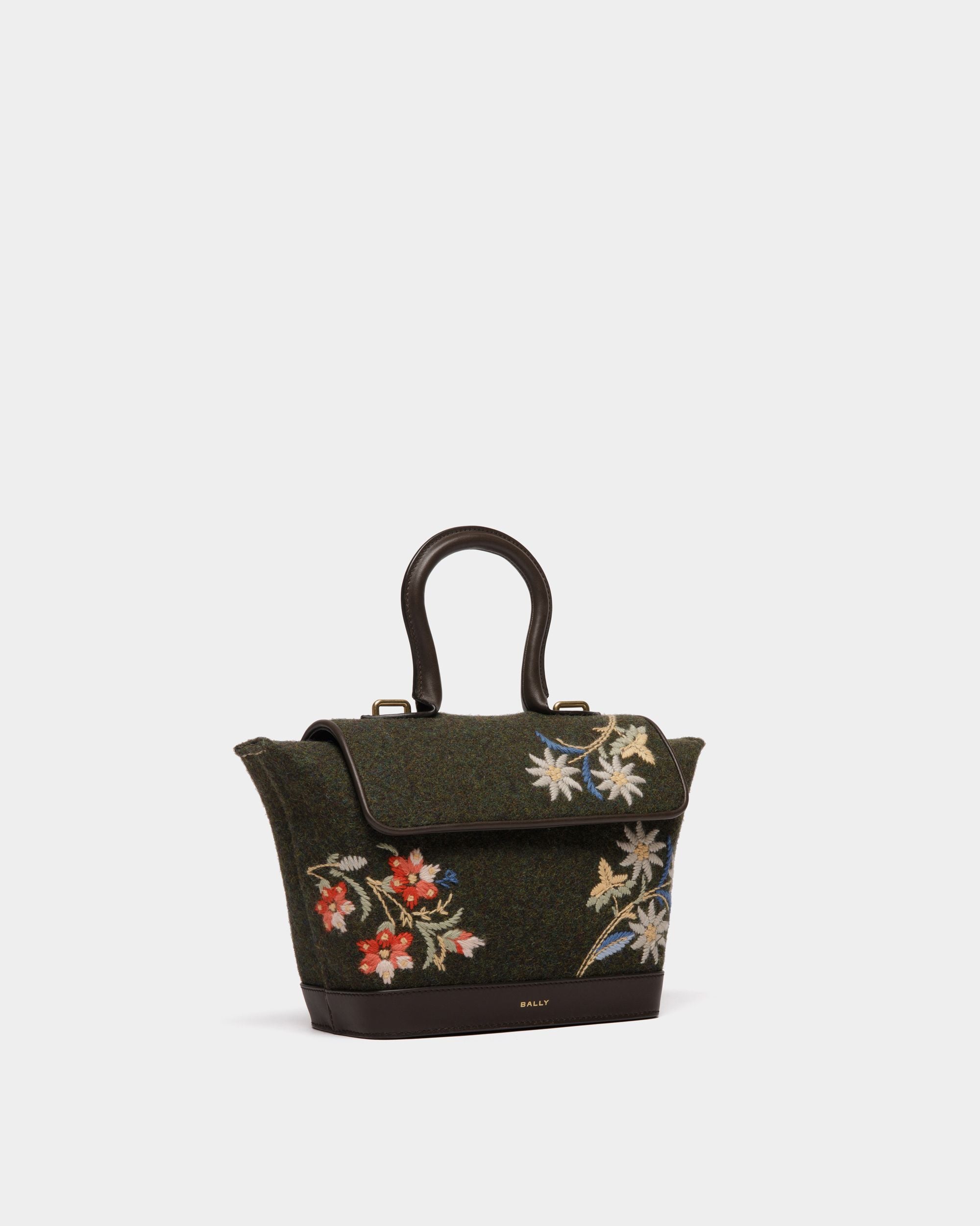 Winter Capsule Top Handle Bag in Dark Green Wool and Ebano Leather With Alpine Flowers - Women's - Bally - 04