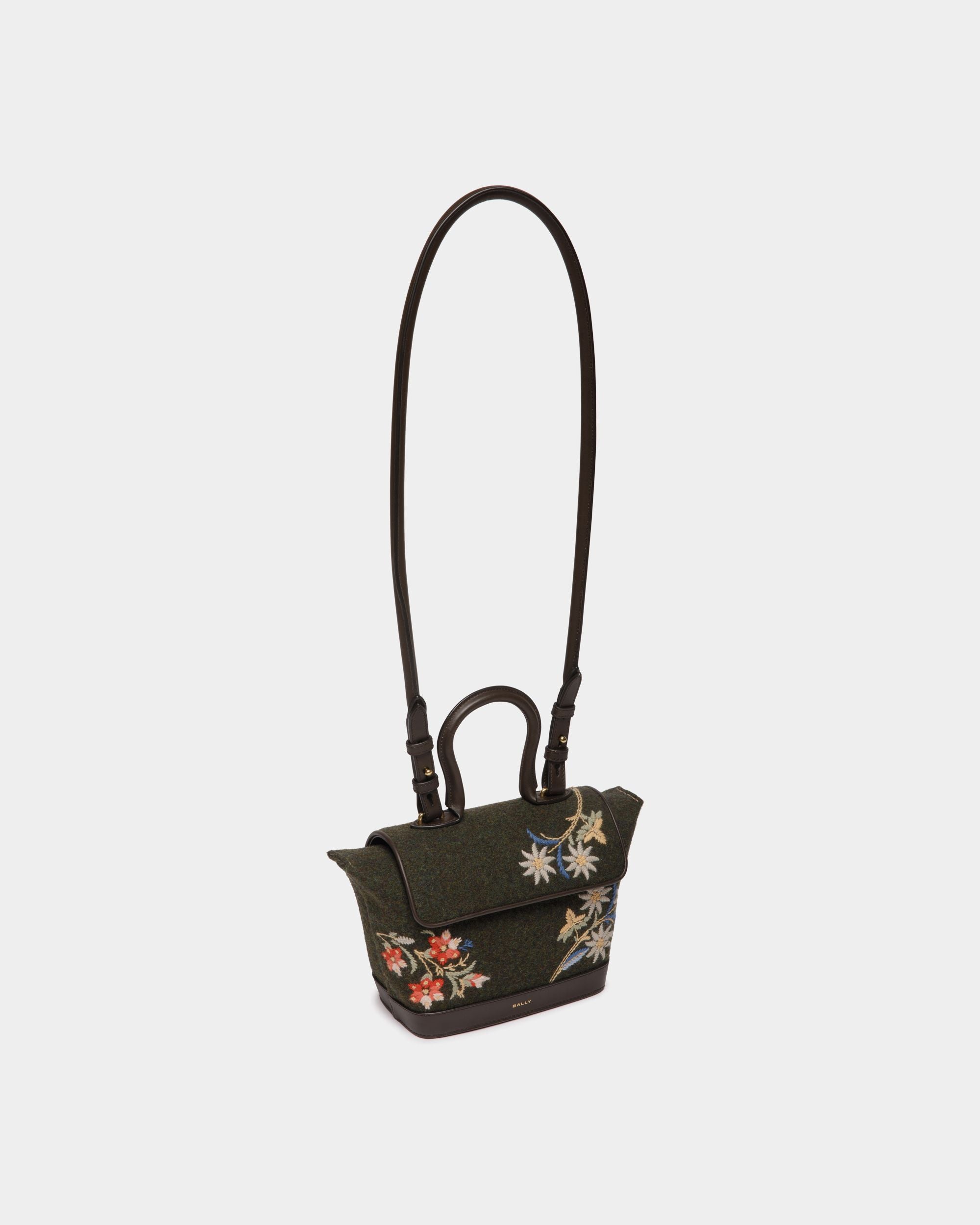 Borsa A Mano Winter Capsule In Lana Verde Scuro E Pelle Color Ebano Con Ricamo Alpine Flowers - Donna - Bally - 05