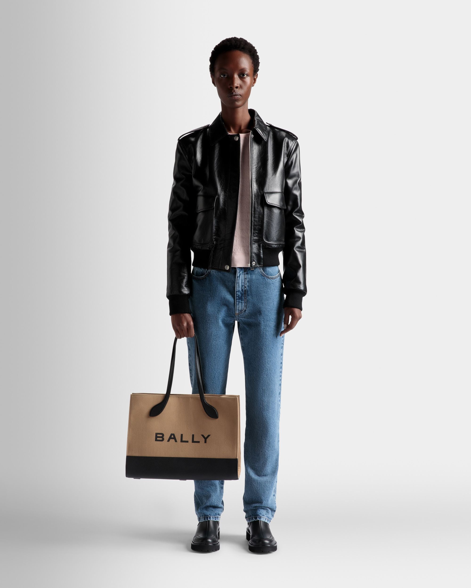 Sac cabas Bar En tissu désert et noir - Femme - Bally - 02