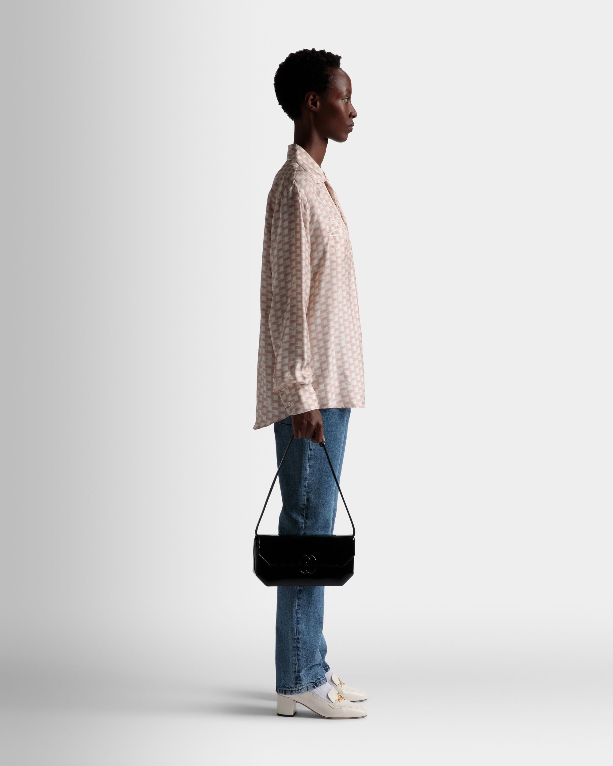 Women's Emblem Shoulder Bag In Black Leather | Bally | On Model Front
