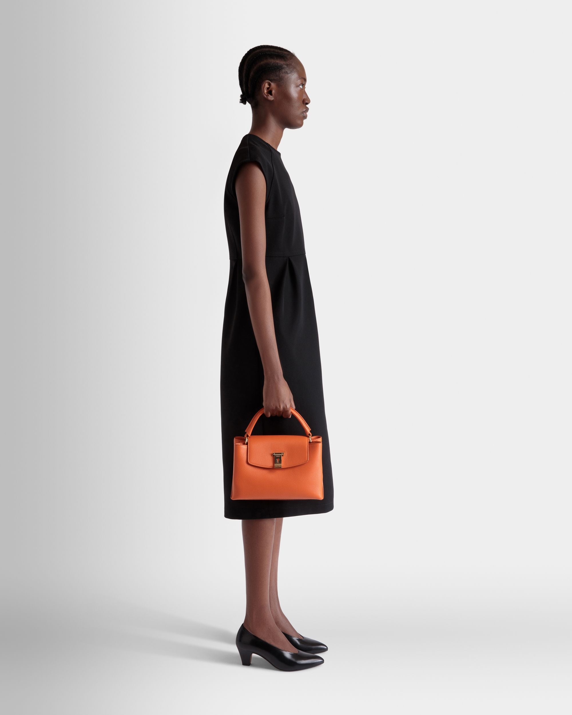 Lock Me Small Top Handle Bag in Koi Orange Grained Leather - Women's - Bally - 02