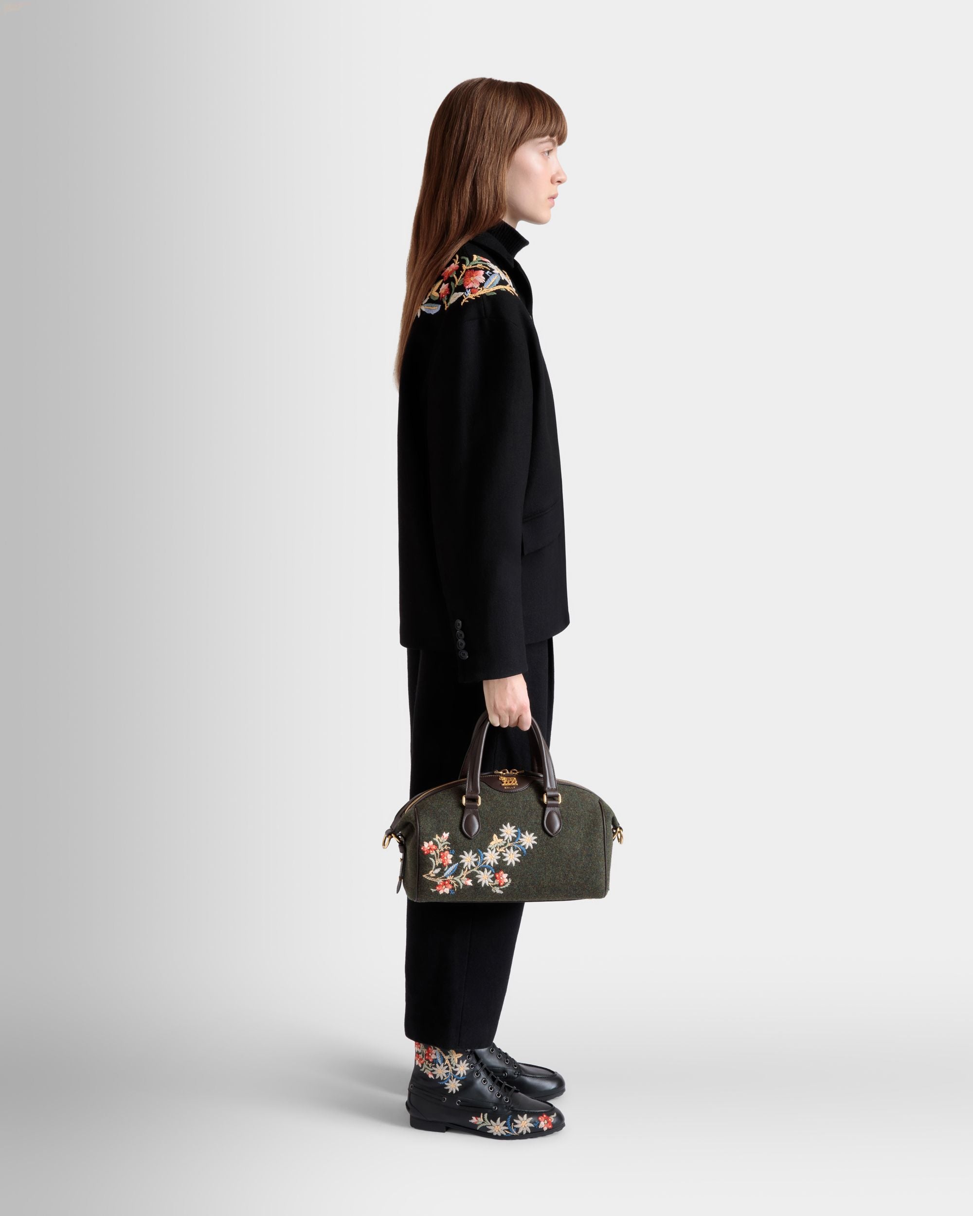 Winter Capsule Top Handle Bag in Dark Green and Ebano Wool and Leather With Alpine Flowers - Women's - Bally - 02